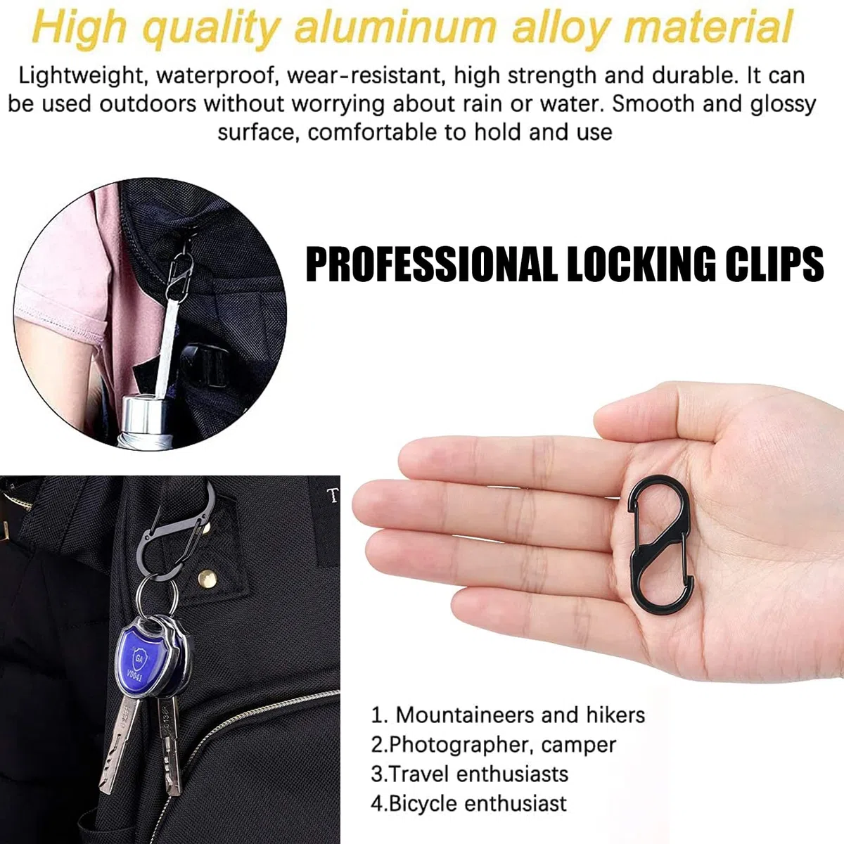 15 Pezzi Mini Moschettone S Nero, Portachiavi, Alluminio, Carabiner, A Forma di S, Piccolo