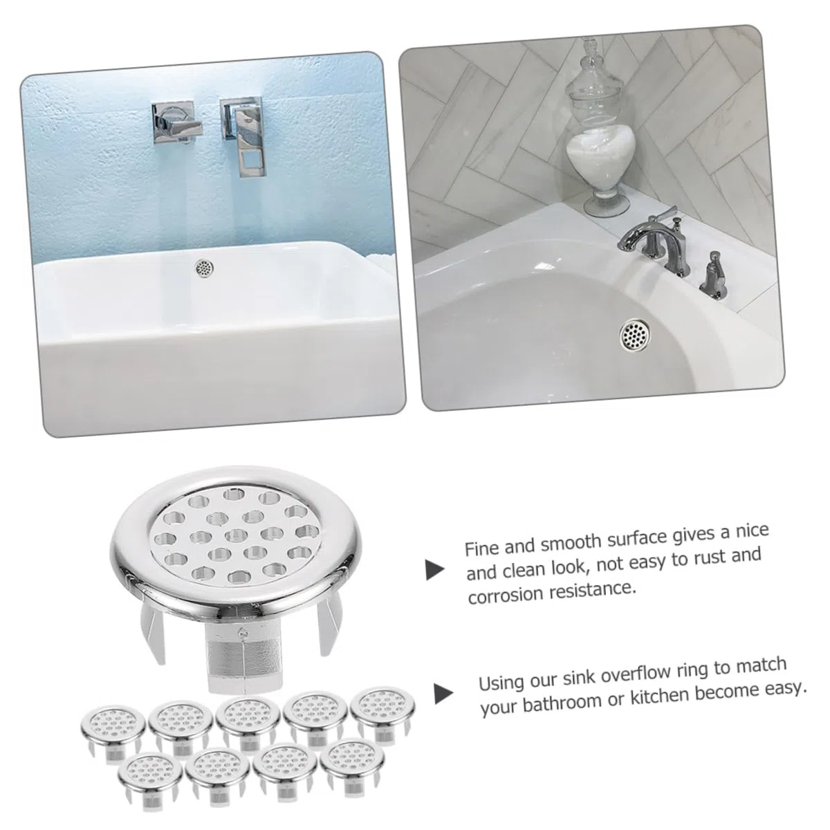 LIFKOME Copertura per Troppopieno Lavandino in Plastica Argento, Resistente alla Corrosione, Design Rotondo Elegante, Confezione da 10 Pezzi per Cucina e Bagno