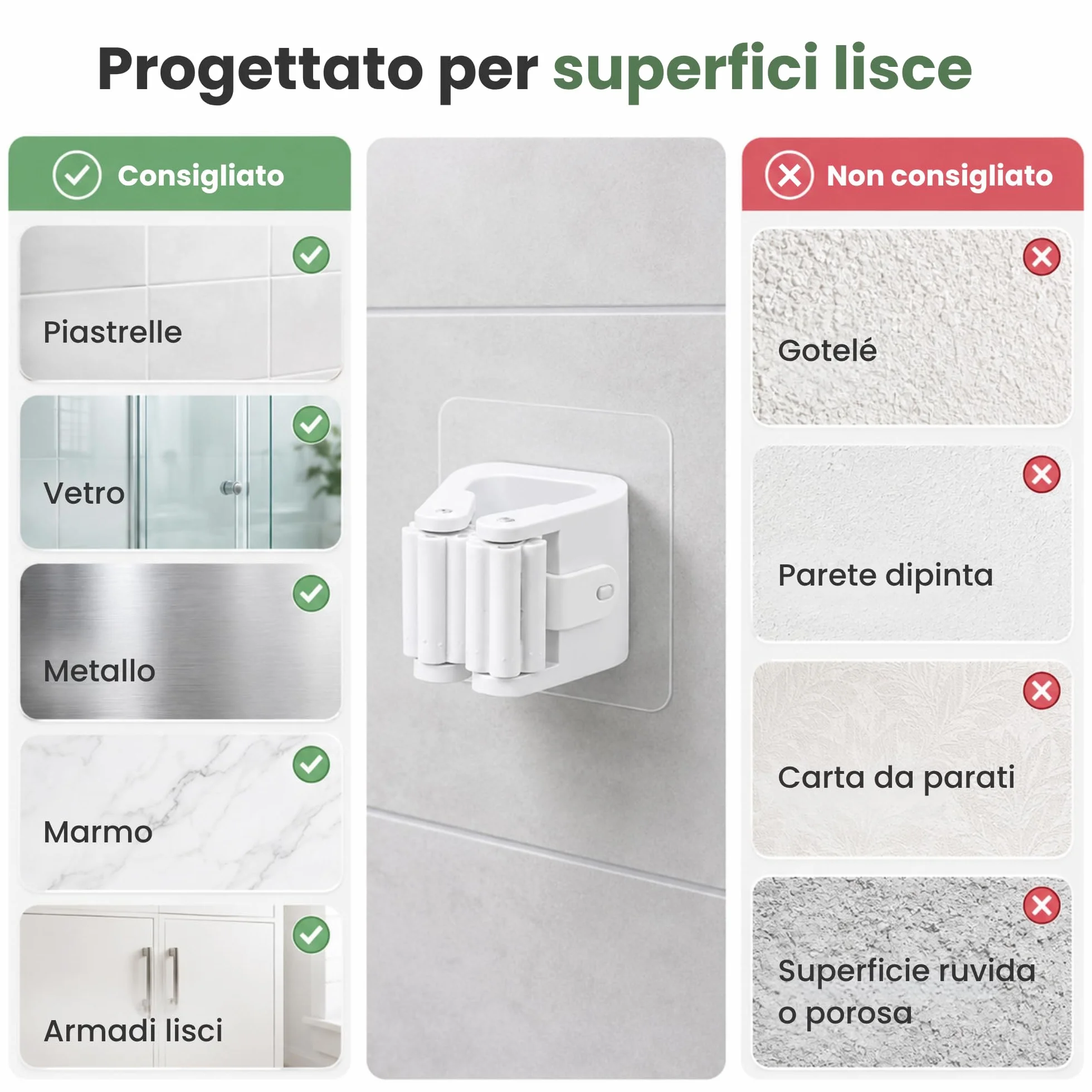 Porta Scope Parete Adesivo Set da 6, Portascope da Muro Appendibile Senza Forare, Appendi Scope Bianco per Scopa e Mocio, Cucina, Bagno, Lavanderia e Garage, 6 x 6 x 4,5 cm