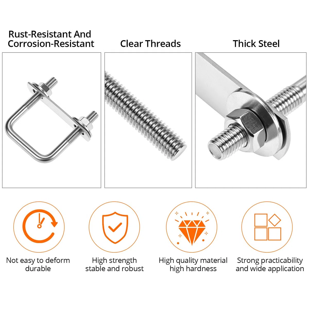 QWORK® Set da 2 bulloni a U in 304 acciaio inossidabile M8, U Bolt da 40x65 mm, capacità di carico elevata, con dado, piastra di fissaggio e rondella, per molteplici applicazioni