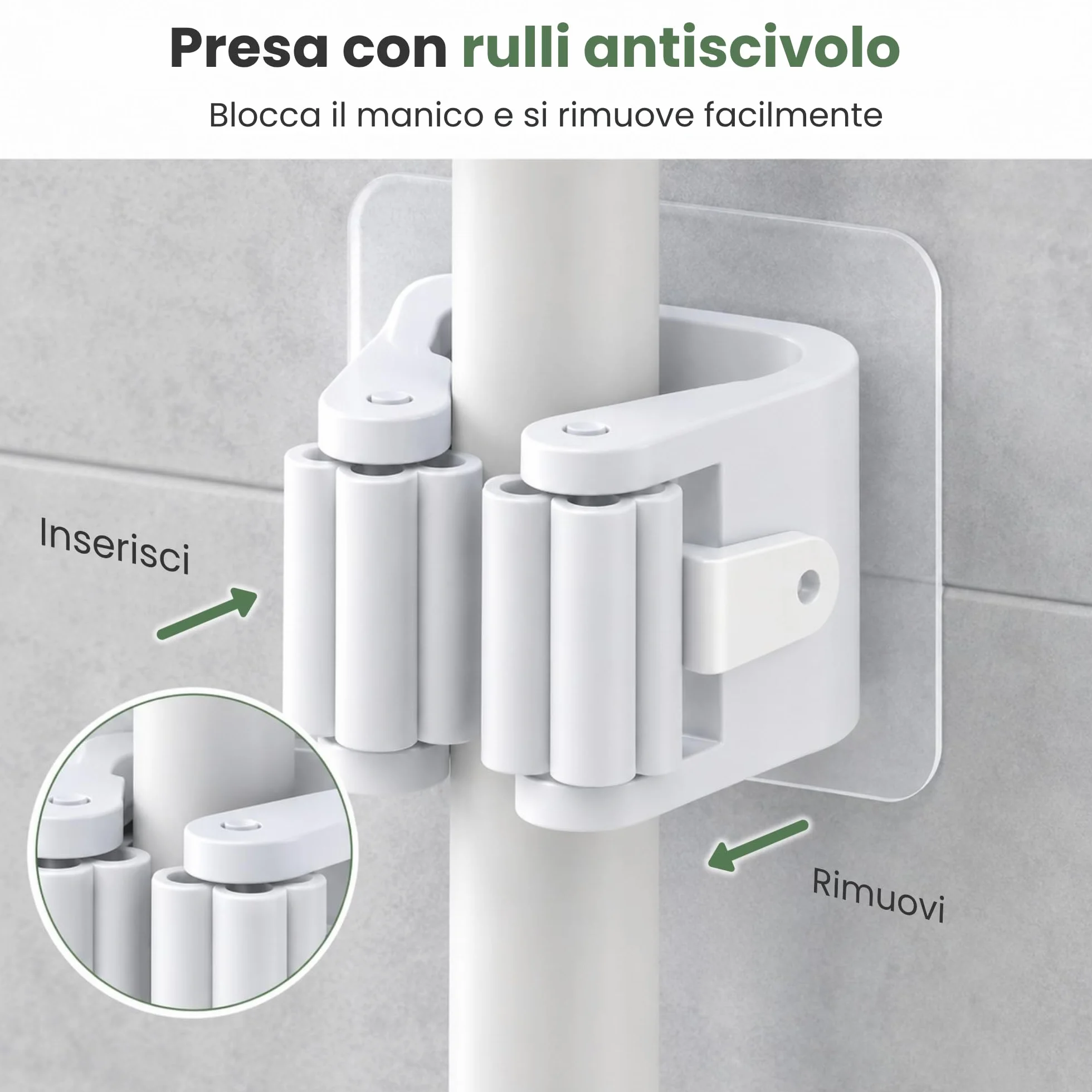Porta Scope Parete Adesivo Set da 6, Portascope da Muro Appendibile Senza Forare, Appendi Scope Bianco per Scopa e Mocio, Cucina, Bagno, Lavanderia e Garage, 6 x 6 x 4,5 cm