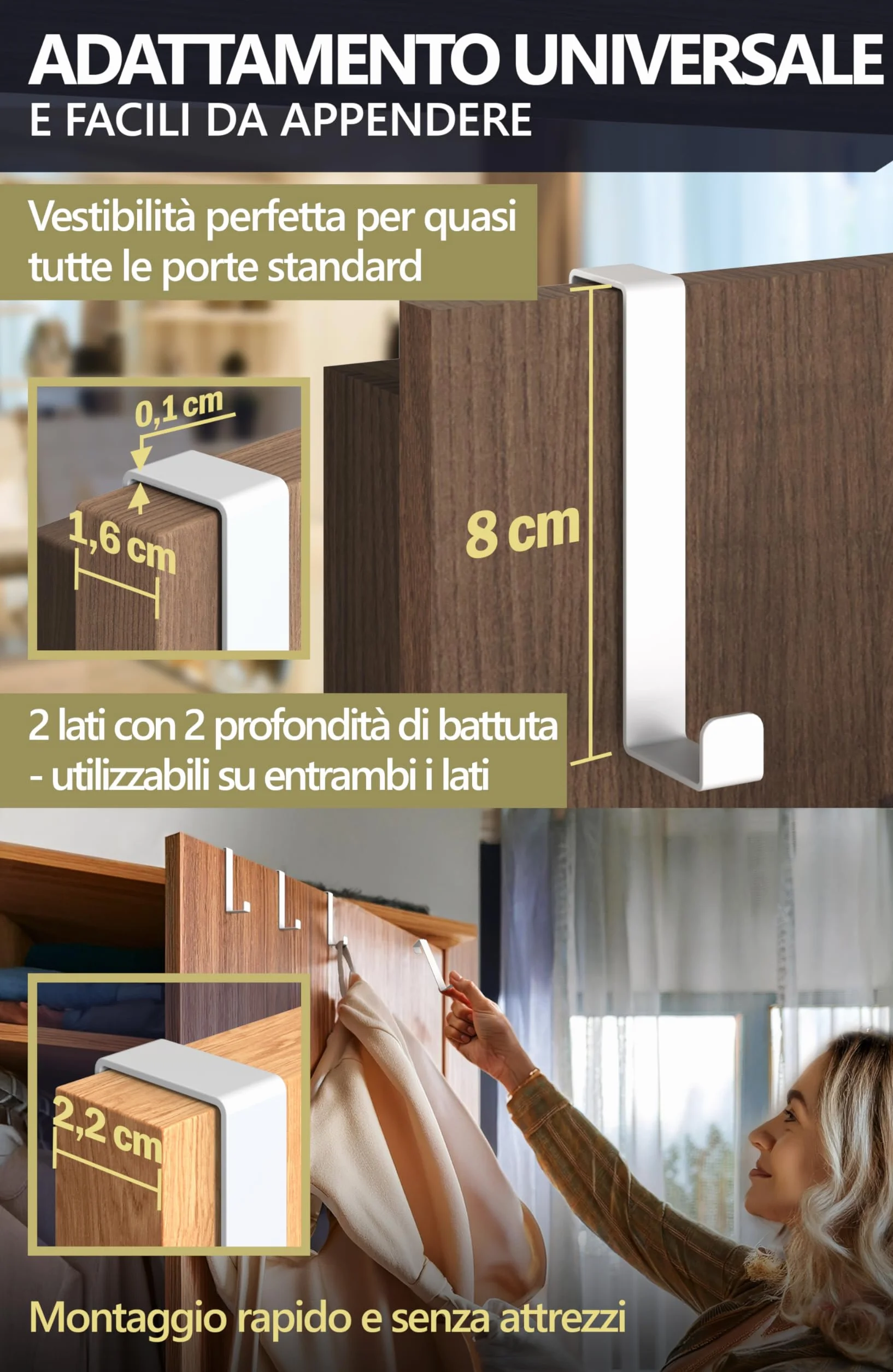4smile Appendiabiti da Porta 1.6 cm 2.2 cm, 10 Pezzi in Bianco - Attaccapanni da Porta in Acciaio Inox, Durevole Appendi Accappatoio per Bagno, Universali Ganci Porta