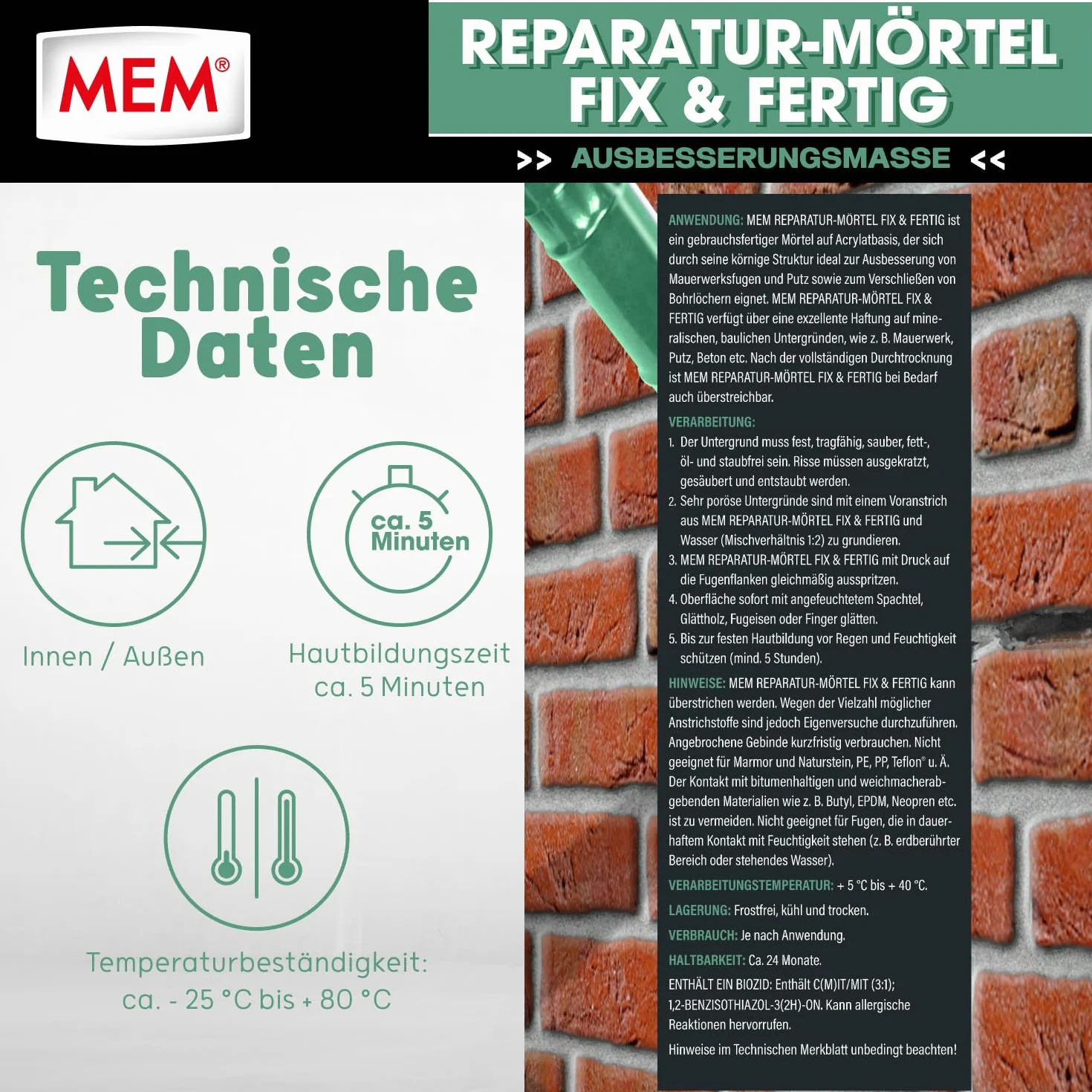 MEM – Malta per riparazione Fix e pronta da 300 ml, Acrilico, Grigio Mem-500600