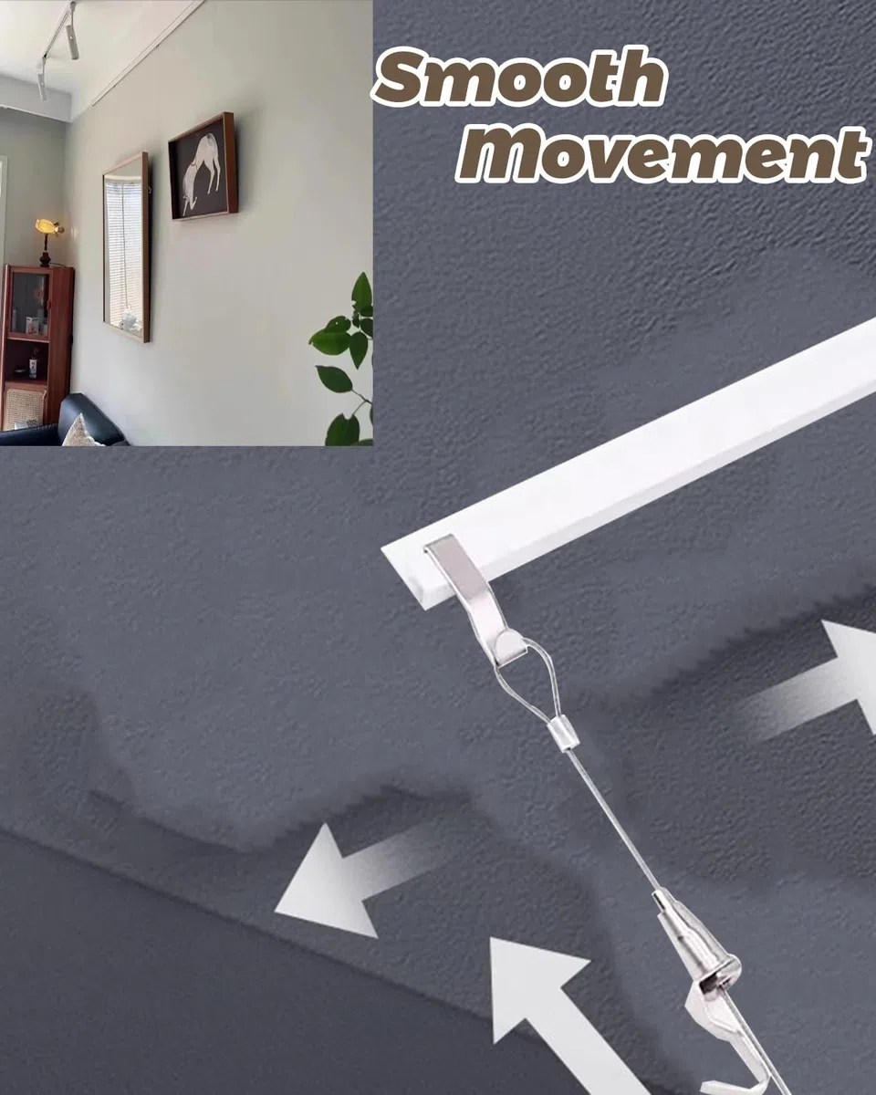 Sistema Decorativo per Appendere Quadri: 36 binari Bianchi per Foto da Parete, Cavi in Acciaio e Ganci a Molla. Ideale per mostre d'Arte e allestimenti in Galleria. Facile Installazione.