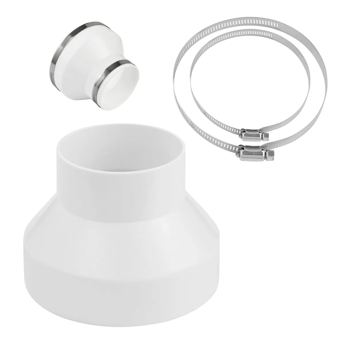 Adattatore per tubo tondo 150-100 mm con 2 fascette stringitubo in acciaio inox, riduttore in ABS, per condotti di ventilazione