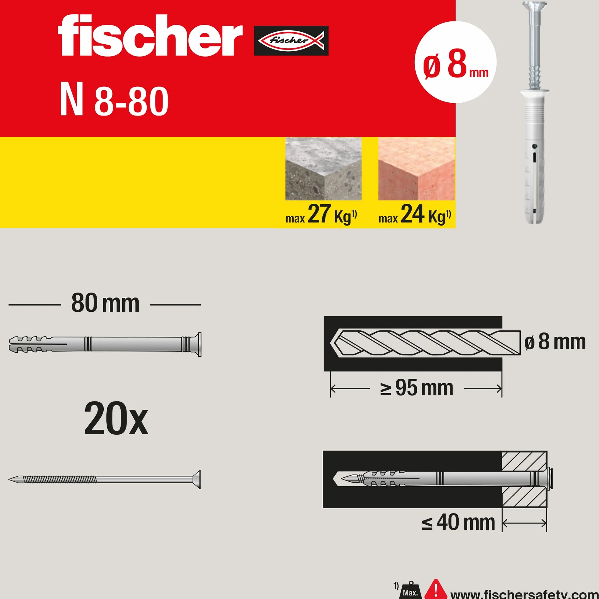 Fischer Tasselli prolungati a Battere N 8x80 Y Fissaggio a percussione con chiodo premontato per Pieno, semipieno e calcestruzzo