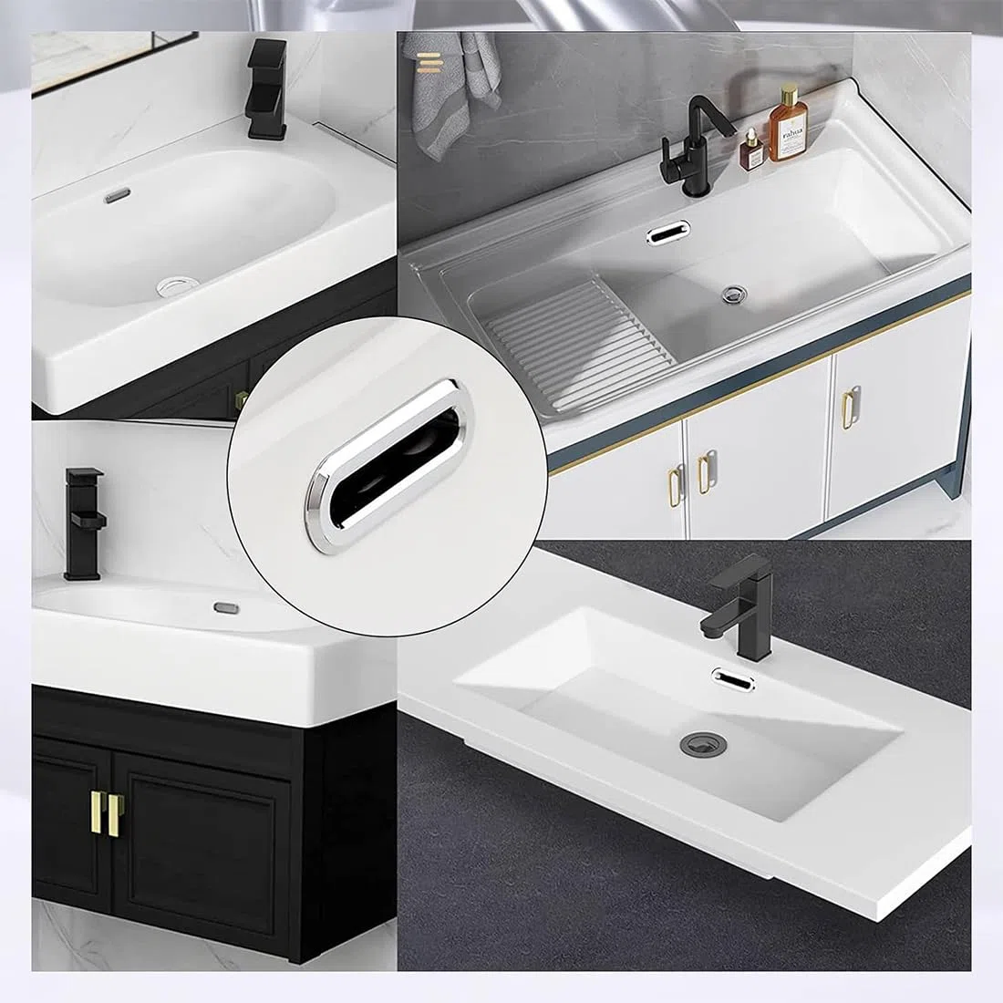 Set 6 Anelli Tappo Troppo Pieno per Lavello, Copertura Decorativa Rettangolare per Foro Lavandino in Cucina o Bagno