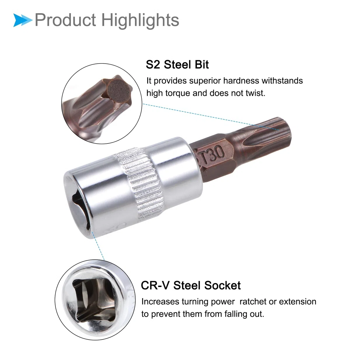 Chiave a Bussola Torx, Metrico T30 Punta 1/4" Attacco 1,5" Lungo, Acciaio Legato S2 Temprato al Cromo-Vanadio - (Applicazioni: per Applicazioni Fissaggio) 2pz