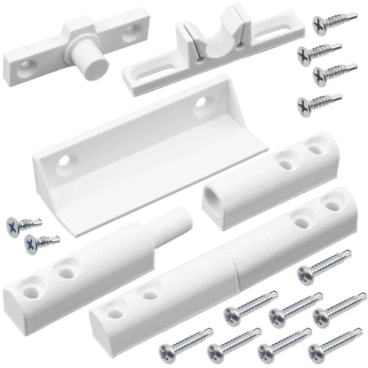 AERZETIX - Kit di accessori per telaio zanzariera: 2 cerniere, 1 maniglia, 1 chiavistello in plastica bianca + 14 viti autofilettanti (Ø3.9x22 mm, Ø3.9x13 mm, Ø3.9x16 mm)