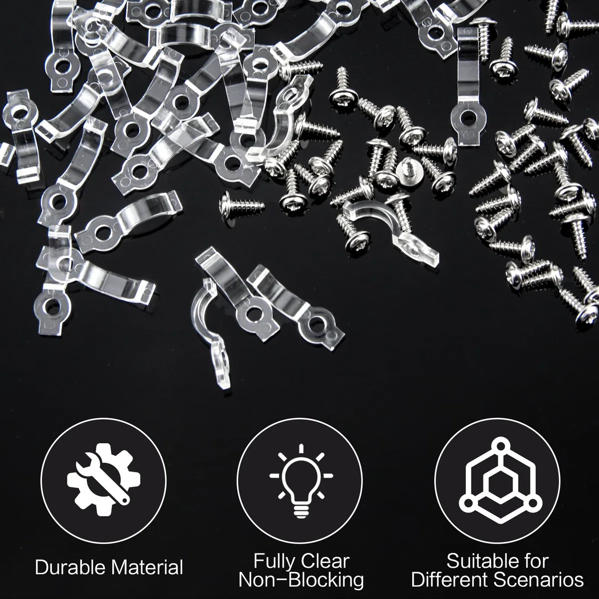 200 strisce LED di fissaggio 8 mm, 9 mm, 10 mm, striscia LED in plastica, fissaggio con 200 viti per il fissaggio di strisce luminose, fissaggio tubo luminoso