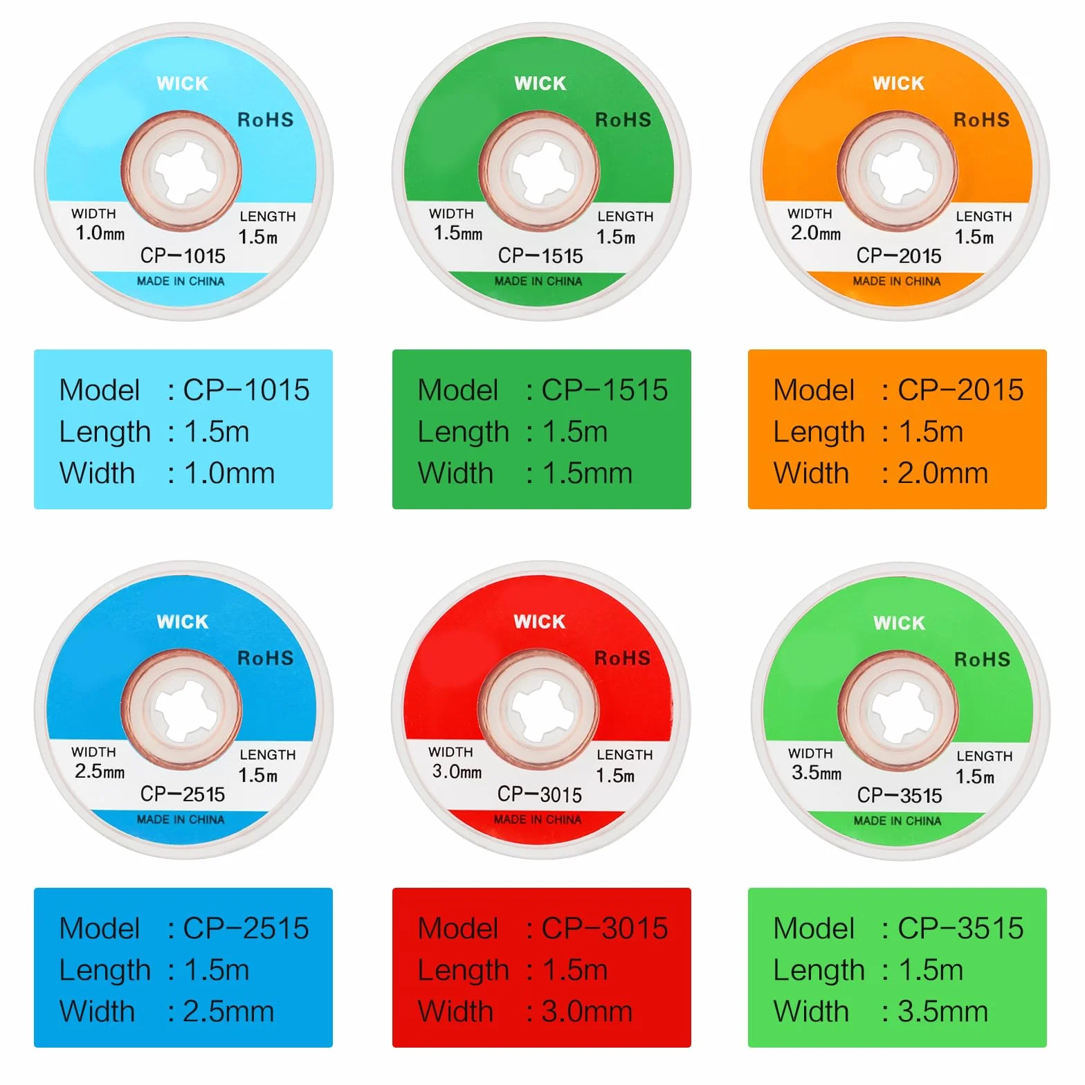 7 Rotoli Filo Dissaldante a Treccia, 1,5M Stoppini Dissaldanti in Rame Filo per la Rimozione dello Stagno con una Larghezza di 1mm/ 1,5mm/ 2mm/ 2,5mm/ 3mm/ 3,5mm