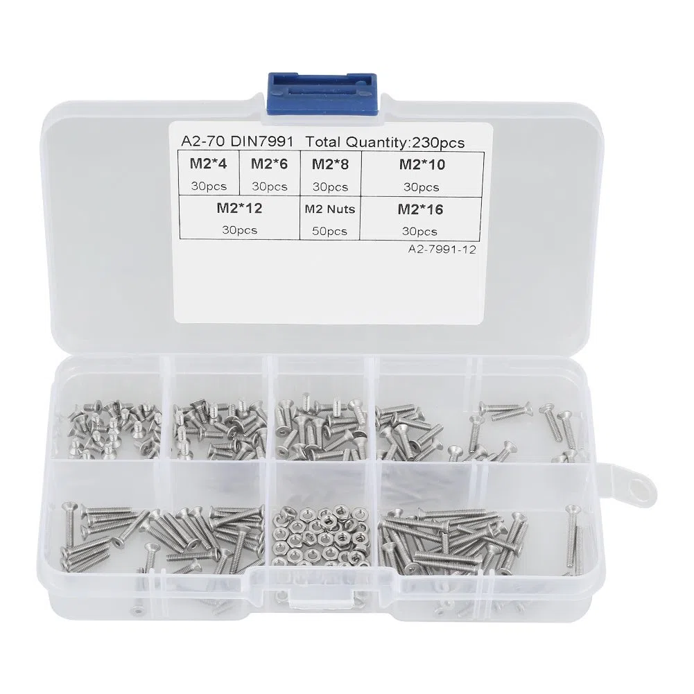 230pcs M2 304 in acciaio inox a testa piatta Viti per bulloni in metallo Kit di strumenti assortimento con scatola