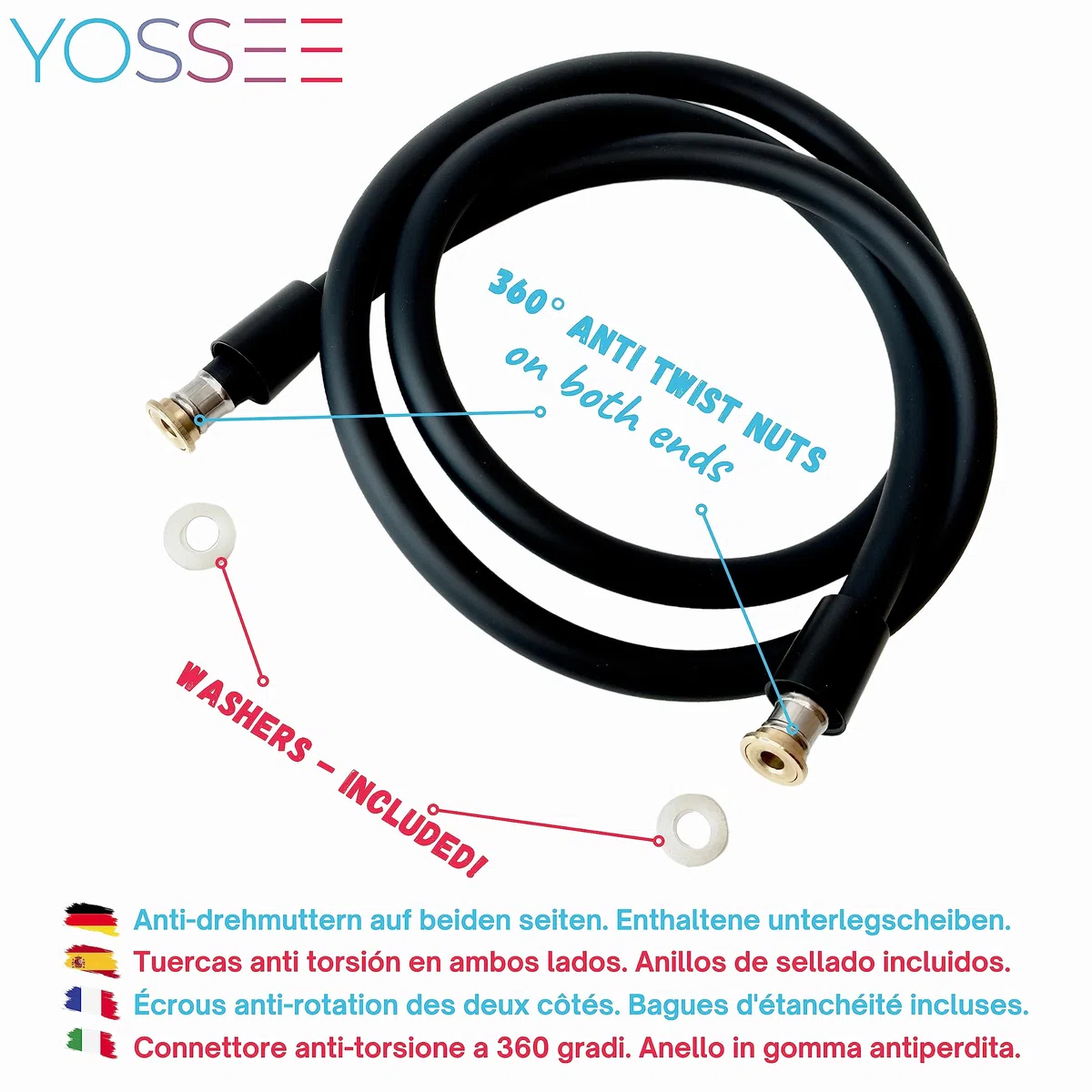 YOSSEE 1.5m Tubo Doccia Flessibile Nero PVC Di Ricambio Universale, Antipiega E A Prova Di Perdite E Resistente Ad Alta Temperatura Connettore In Ottone