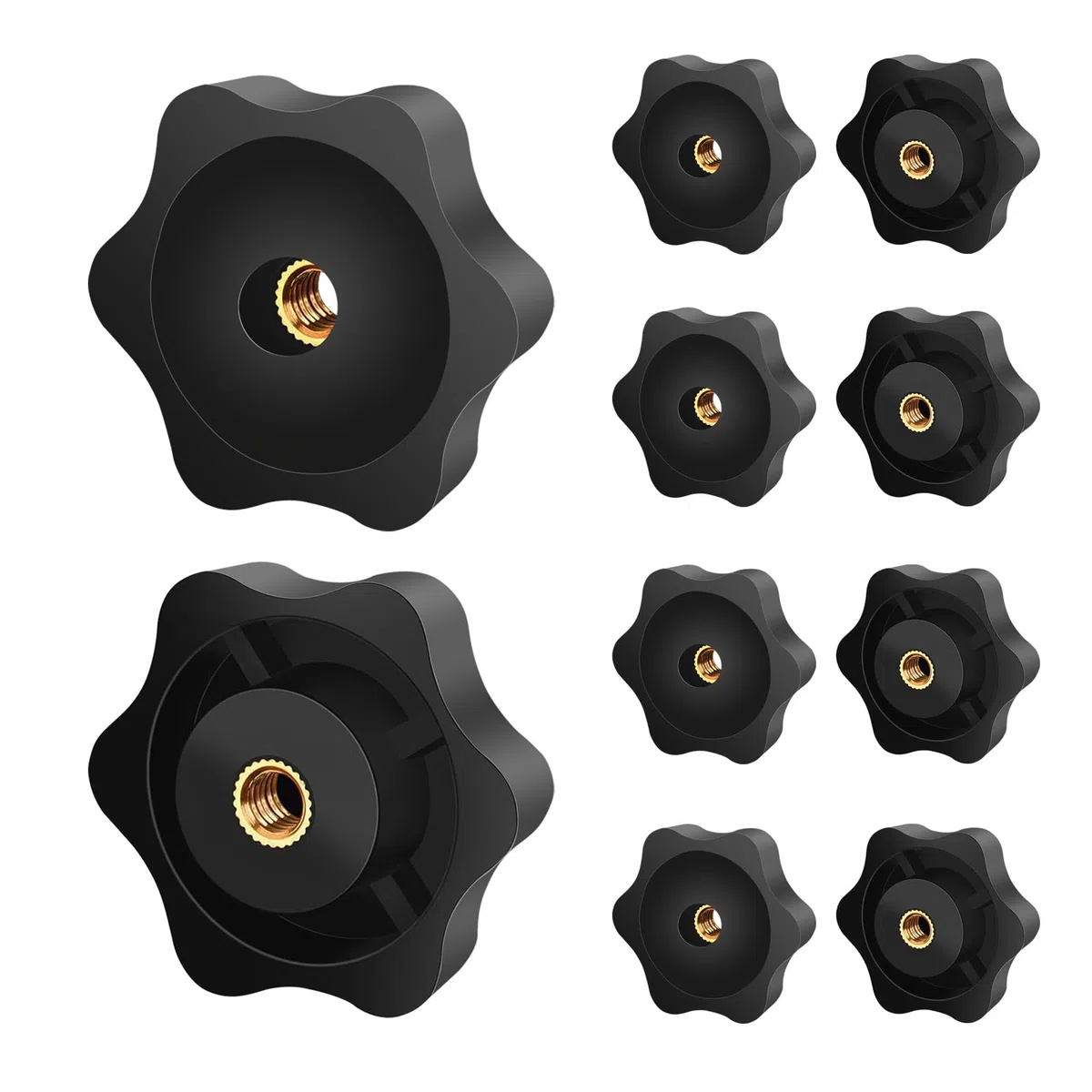 Dado con impugnatura a stella M6, 10 viti zigrinate, diametro esterno 32 mm, nero, a forma di stella, filettatura interna in ottone per macchine e impianti, mobili, macchine utensili