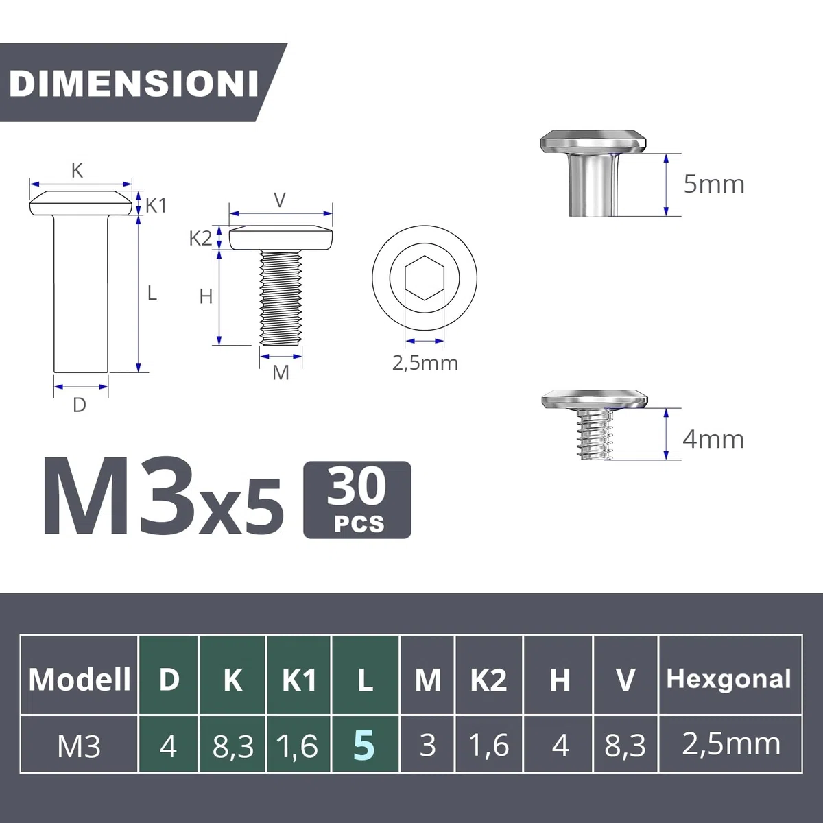 30 Viti M3x5 Raccordo per Mobili (30x Manica) in Acciaio Inox A2 V2A, Connettore per Armadio