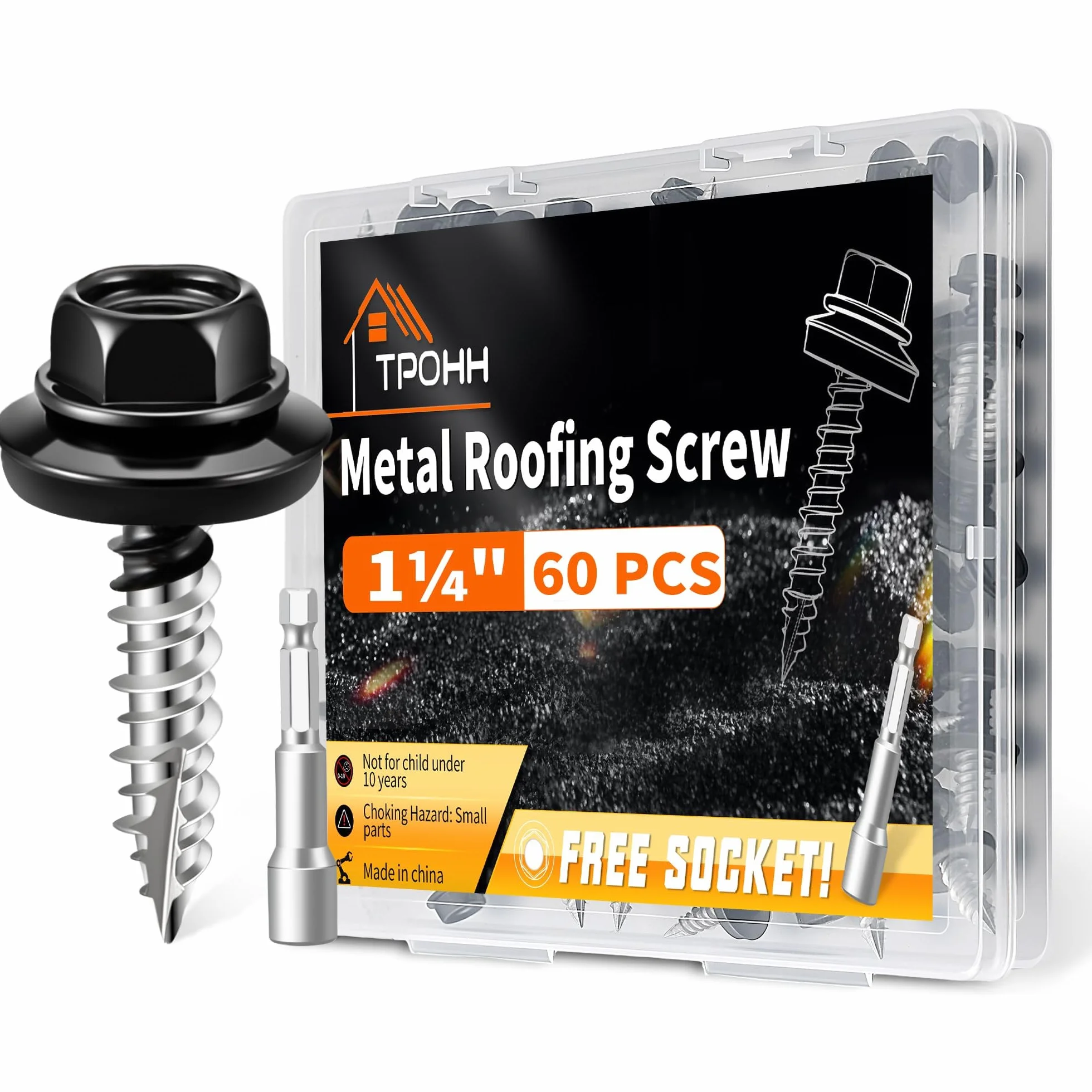 60 Pezzi Viti per Coperture 4,8 x 32 mm con Bit, Testa Esagonale Verniciata Nera, Rondella EPDM, Filettatura Alta-bassa, Punta Type 17, Viti Autofilettanti per Legno e Lamiera – TPOHH