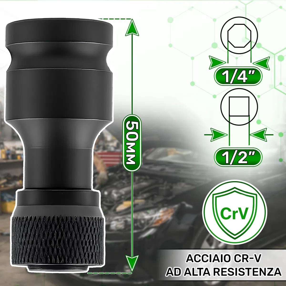 ONIX TECH Adattatore Avvitatore a Impulsi 1/2 per Avvitatore a Impulsi - con Ingresso da 1/2“ Quadrato e Uscita da 1/4” Esagonale - Alta Gamma di CR-V - Garanzia di 5 Anni