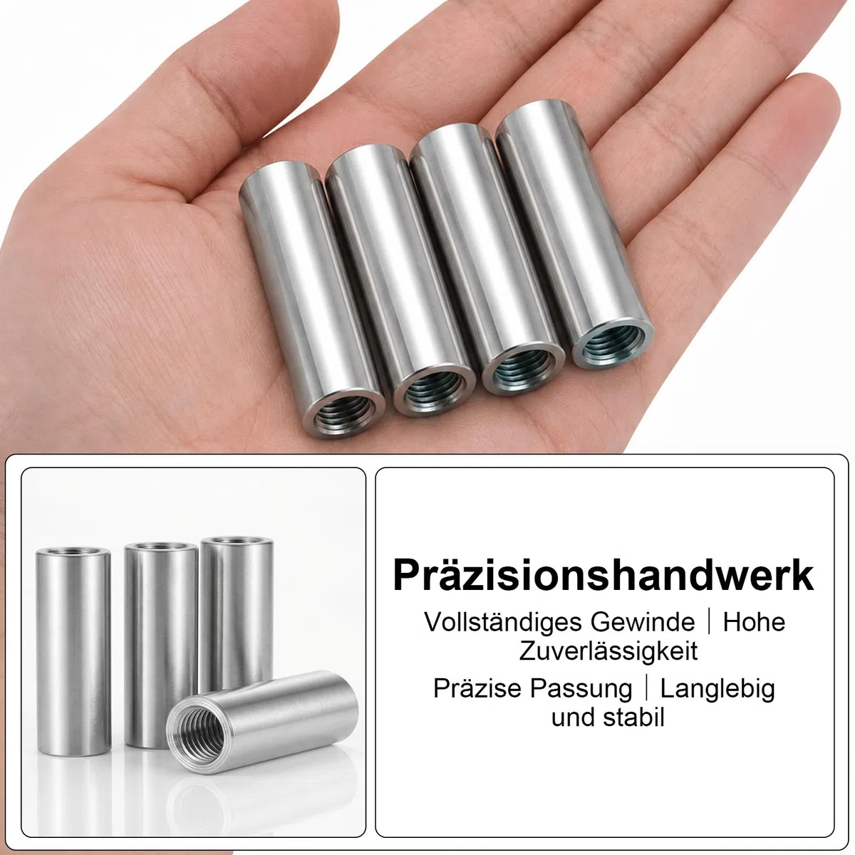 4 manicotti filettati M10 x 40 mm, rotondi, in acciaio inox 304, manicotto filettato V2A M10, filettatura interna, dado di collegamento, dado distanziatore, dado di prolunga