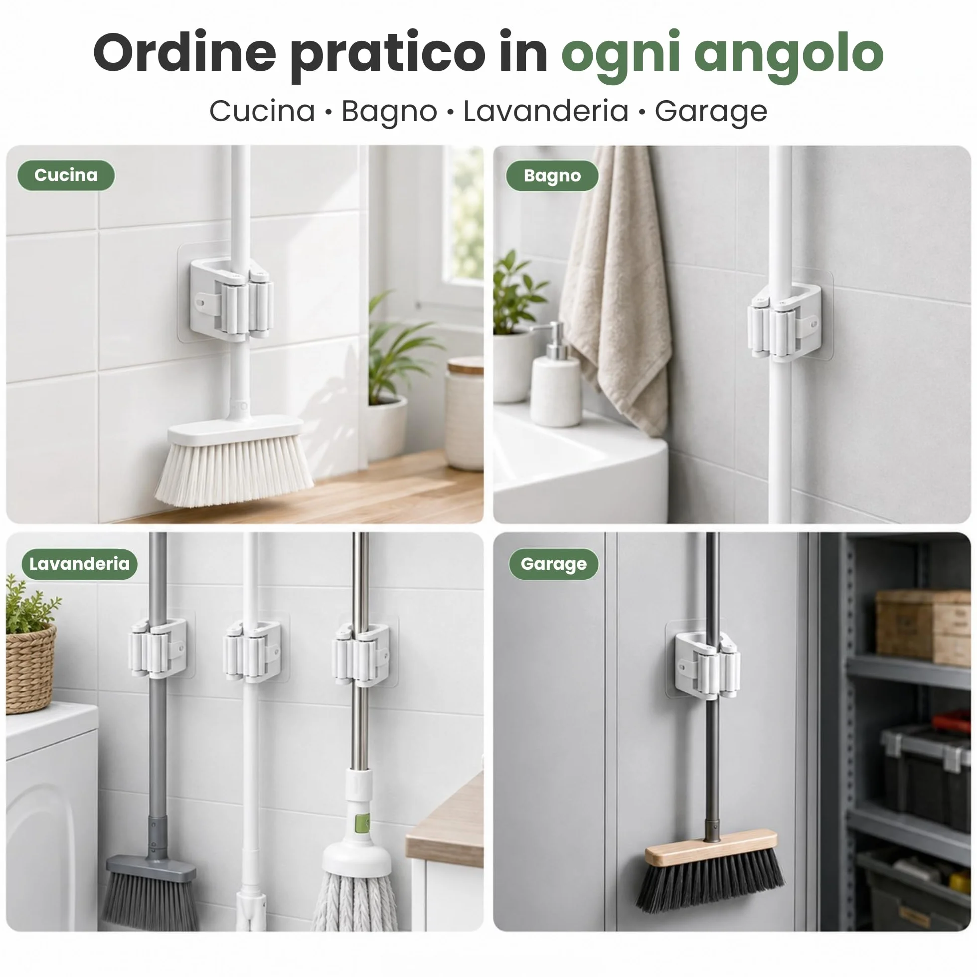 Porta Scope Parete Adesivo Set da 6, Portascope da Muro Appendibile Senza Forare, Appendi Scope Bianco per Scopa e Mocio, Cucina, Bagno, Lavanderia e Garage, 6 x 6 x 4,5 cm