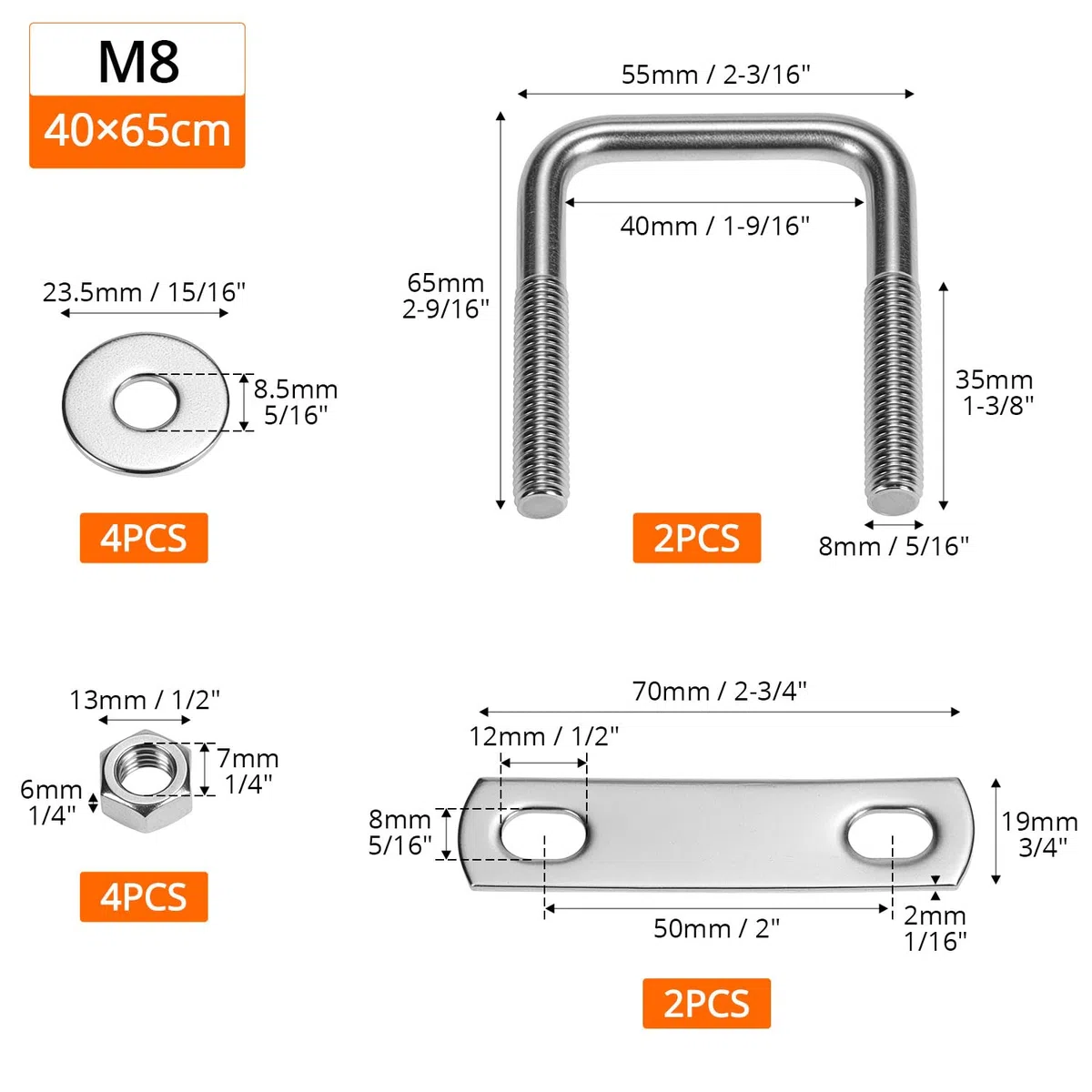 QWORK® Set da 2 bulloni a U in 304 acciaio inossidabile M8, U Bolt da 40x65 mm, capacità di carico elevata, con dado, piastra di fissaggio e rondella, per molteplici applicazioni