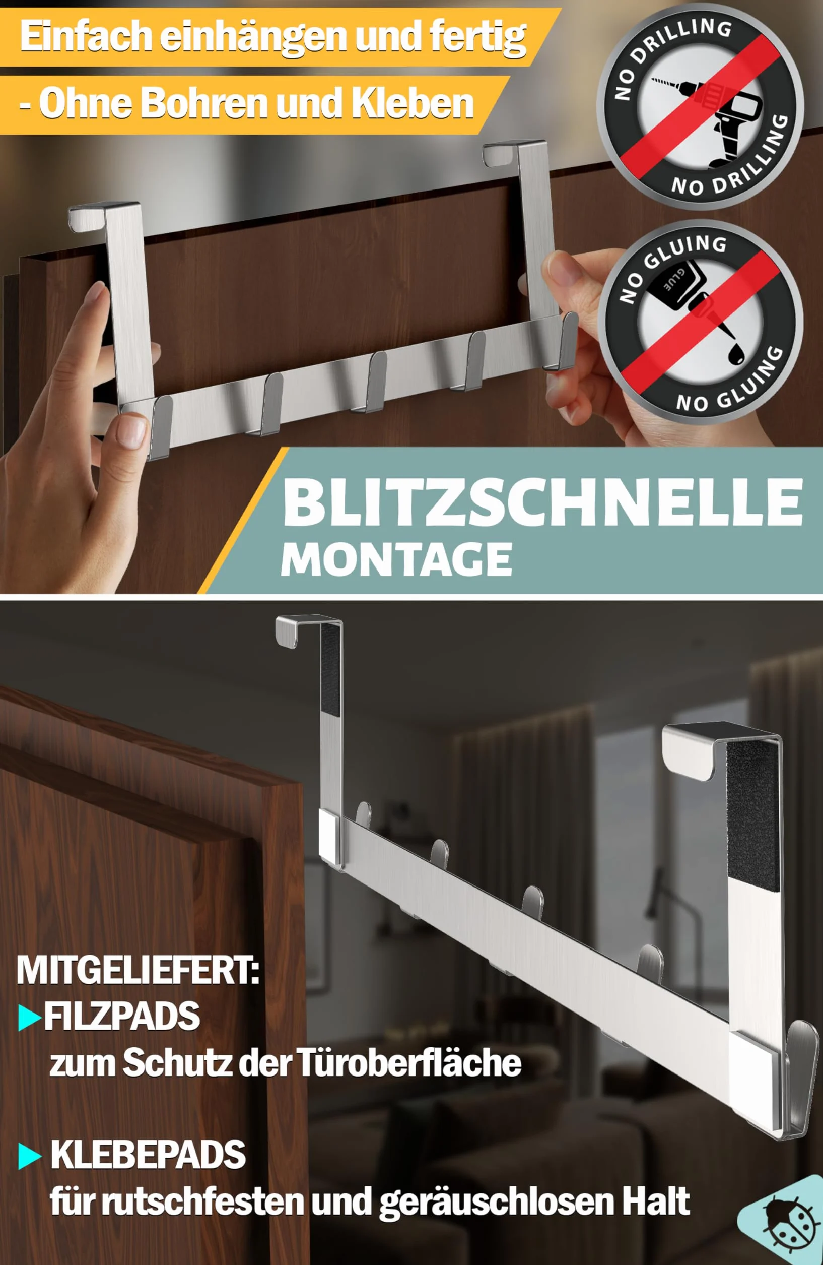 Menz Appendiabiti da Porta Argento - Attaccapanni Acciaio Inox Ganci per Camera Letto Cucina Bagno