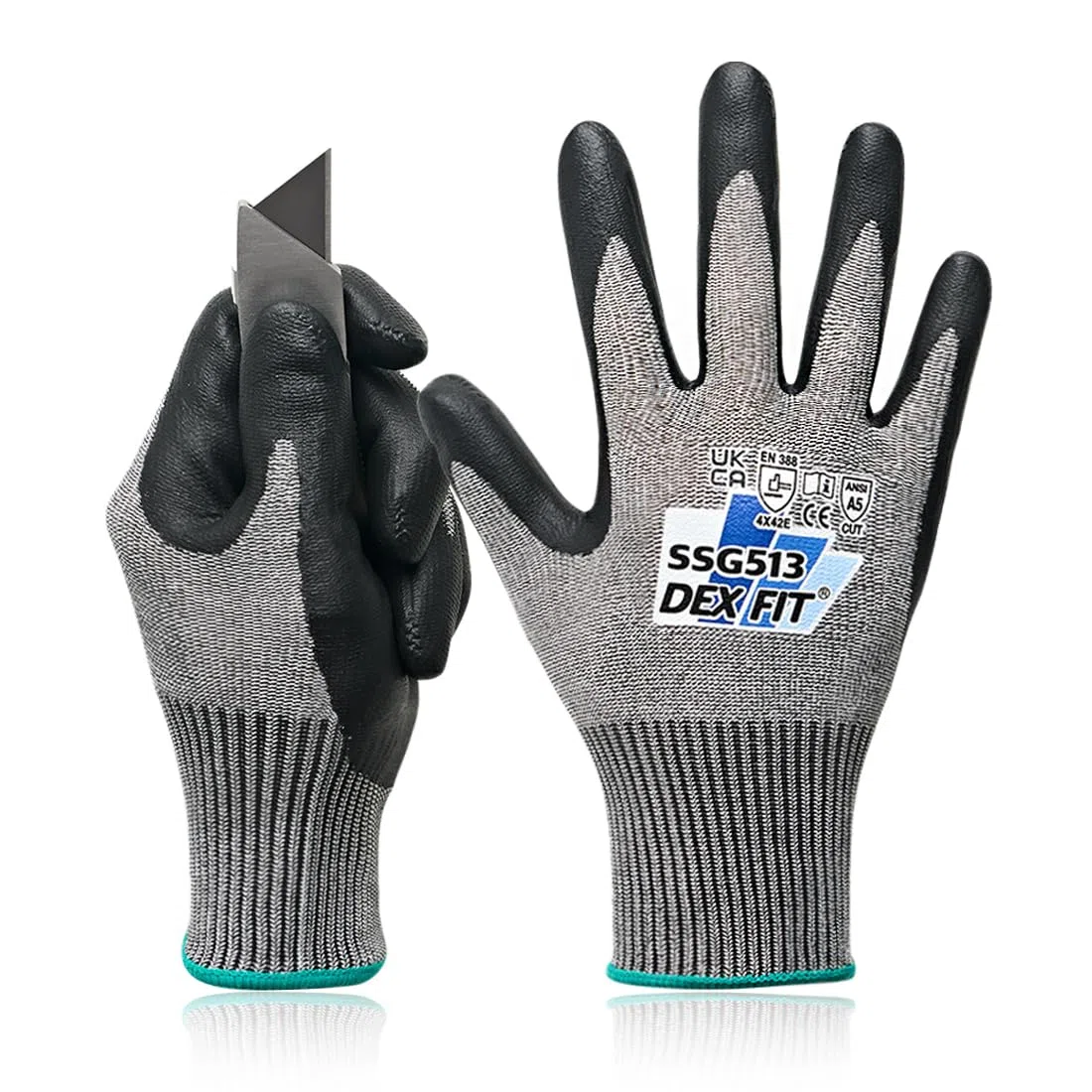DEX FIT SSG513 Guanti antitaglio, ANSI A5, EN388 4X42E, Nitrile schiumato a base d’acqua, Touchscreen, 13 gauge, Antiscivolo, Lavabili;Grey L 1 Pair