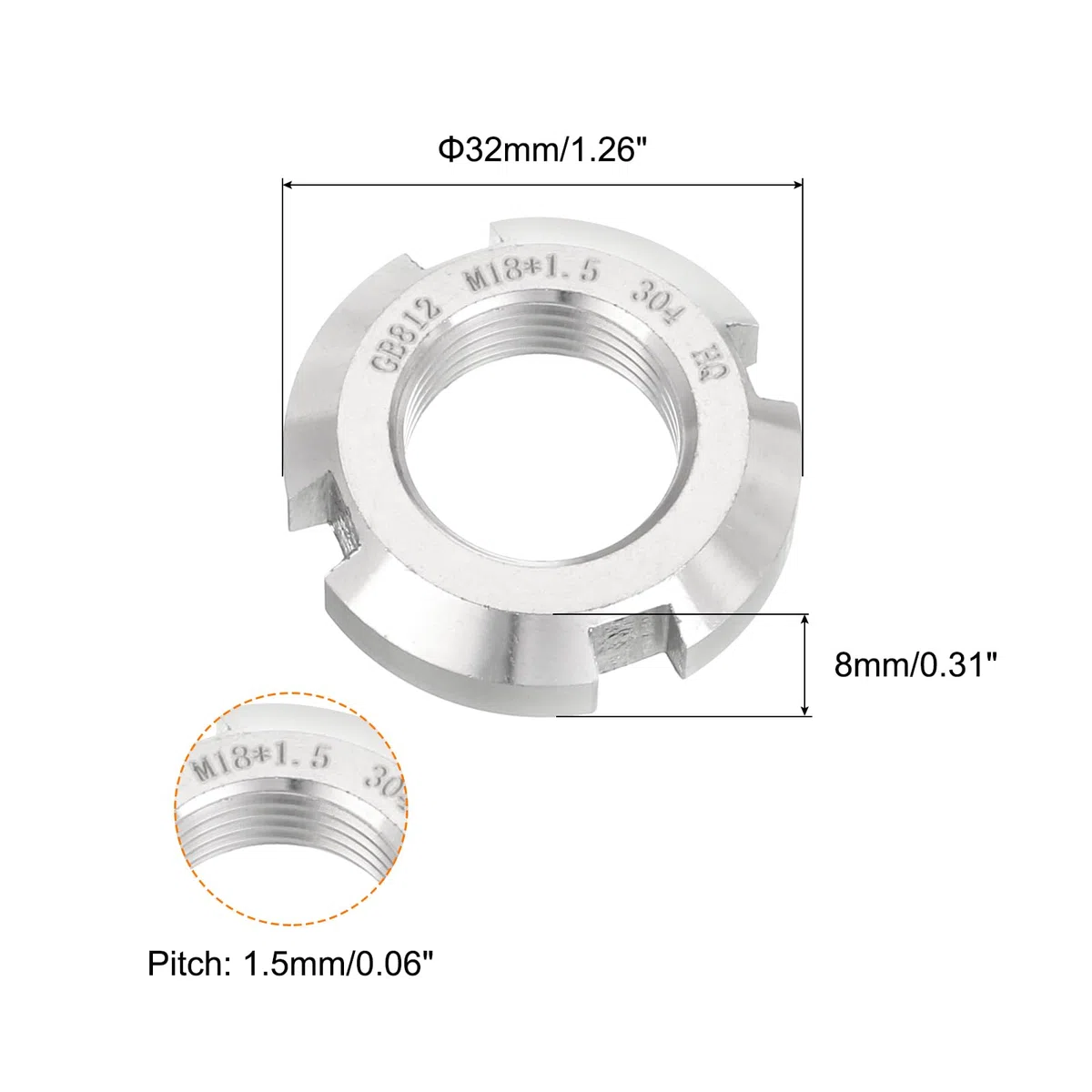QUARKZMAN M18 x 1.5mm - 1pz Fissaggio Dadi Tondi Scanalati Quattro Scanalature - Dado Bloccaggio Tondo Acciaio Inossidabile 304 per Vari Cuscinetti Volventi, Settore Industriale, Argento