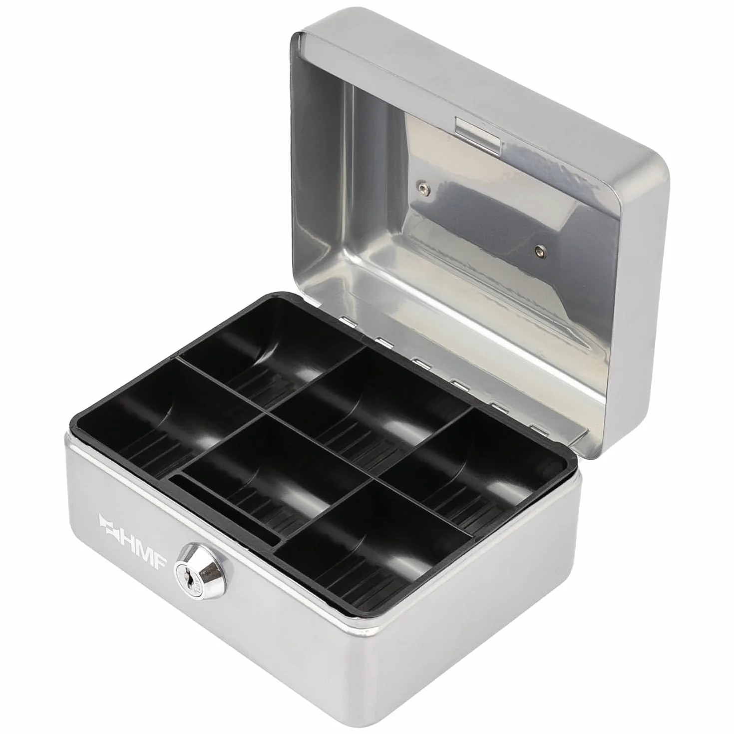 HMF Cassetta portavalori con chiusura a chiave, Cassa con inserto portamonete, 6 scomparti per monete | 15 x 12 x 8 cm | Argento