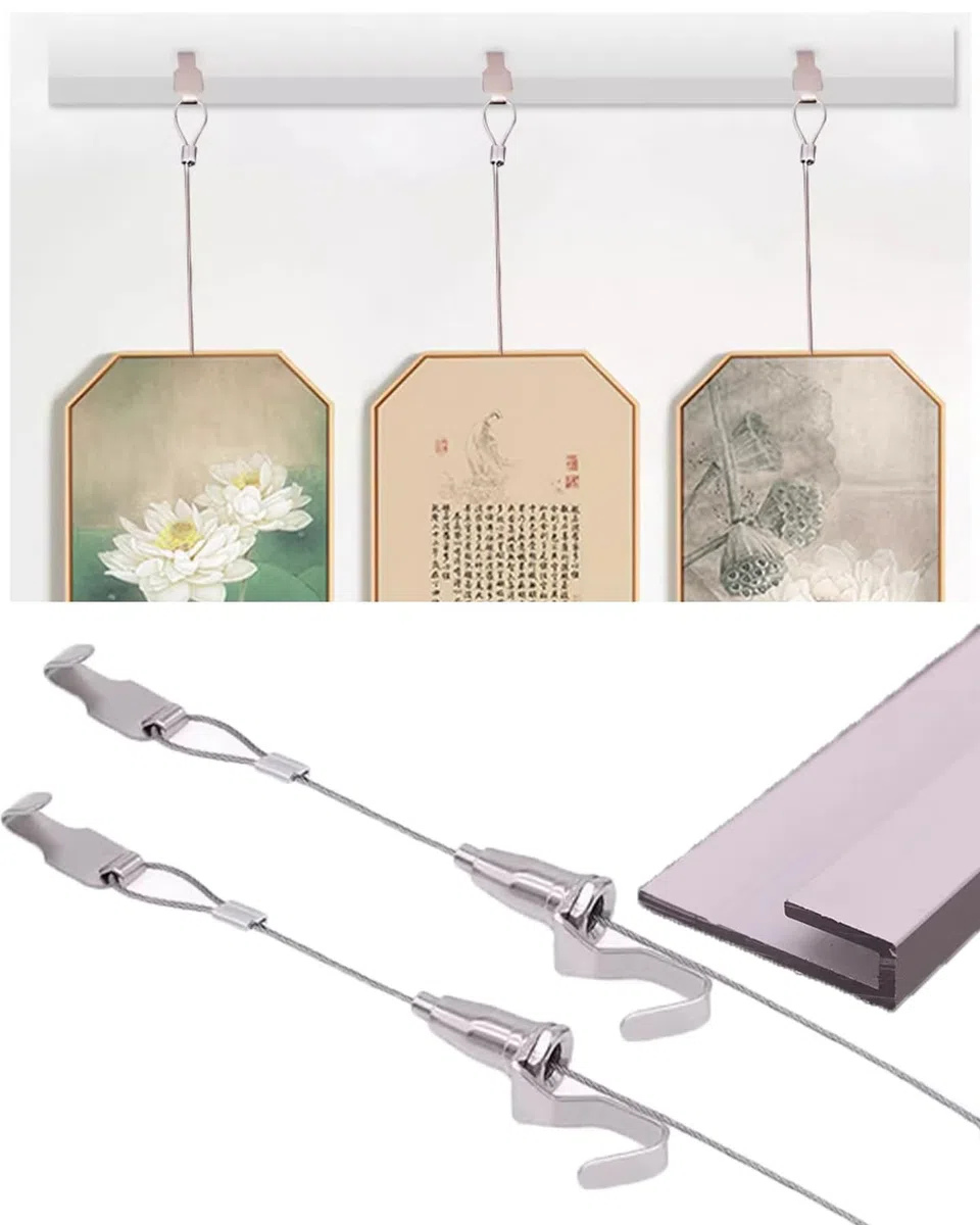 Sistema Decorativo per Appendere Quadri: 36 binari Bianchi per Foto da Parete, Cavi in Acciaio e Ganci a Molla. Ideale per mostre d'Arte e allestimenti in Galleria. Facile Installazione.