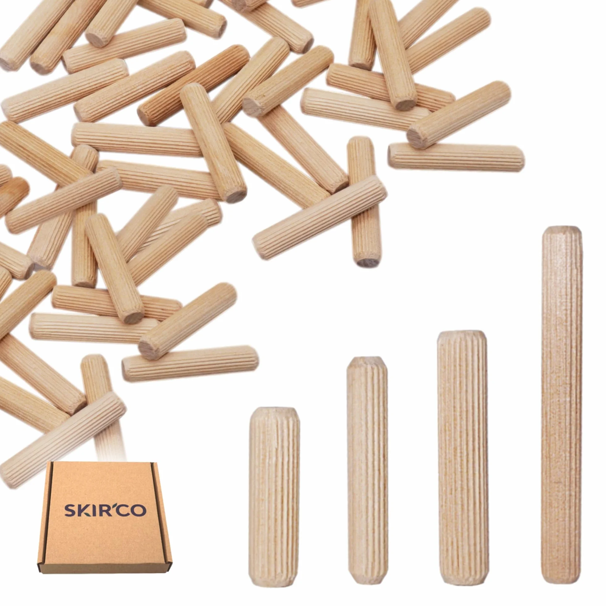 SKIR'CO (100 pezzi) Tasselli in Legno 6 x 25 mm, Tappi in Legno Scanalati, Perni Scanalati per Mobili, Tasselli Scanalati