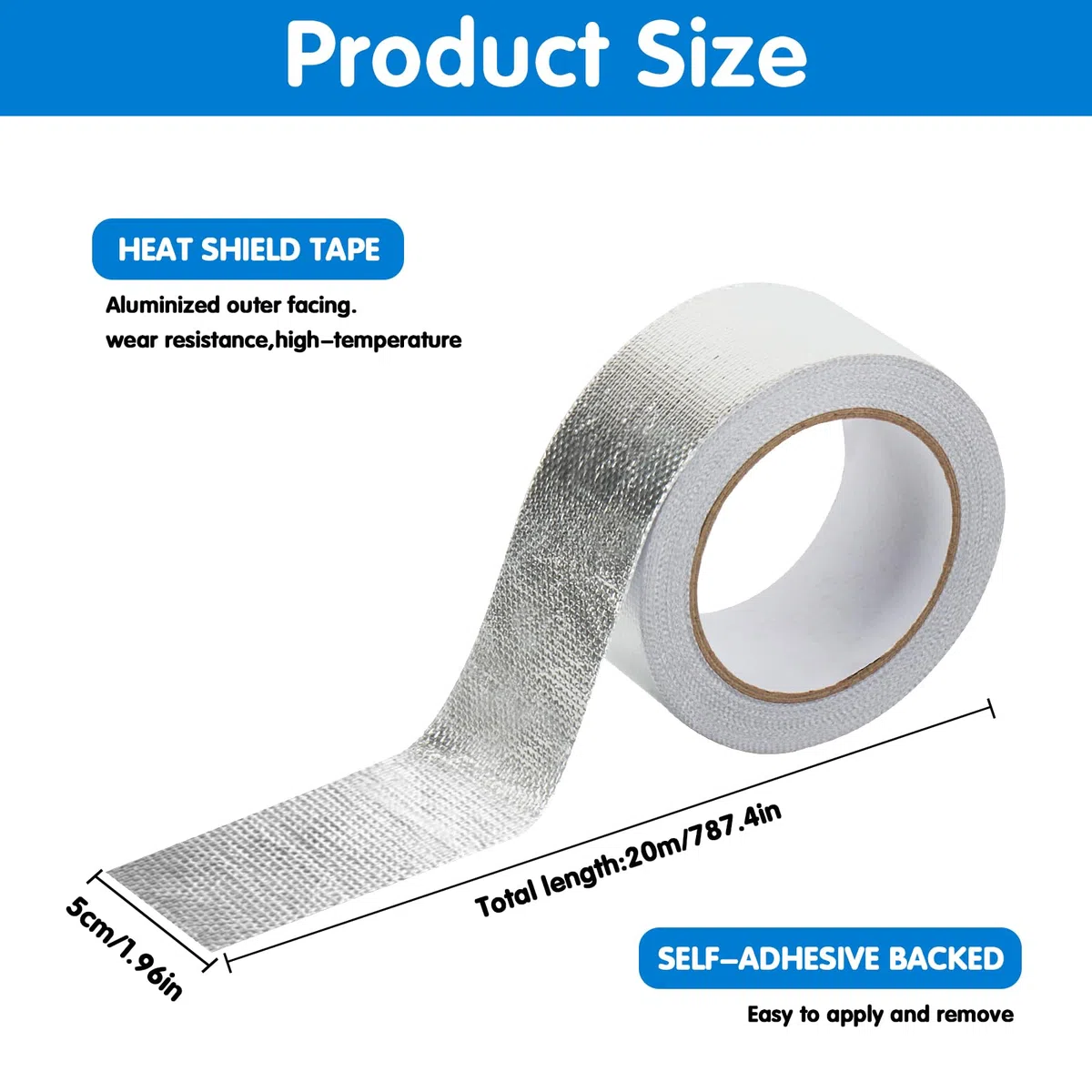 Nastro Adesivo in Alluminio, Nastro Alluminio Alte Temperature, 50 mm x 20 mNastro Termoresistente Rinforzato con fibra di vetro per isolamento di tubi flessibili, uso automobilistico