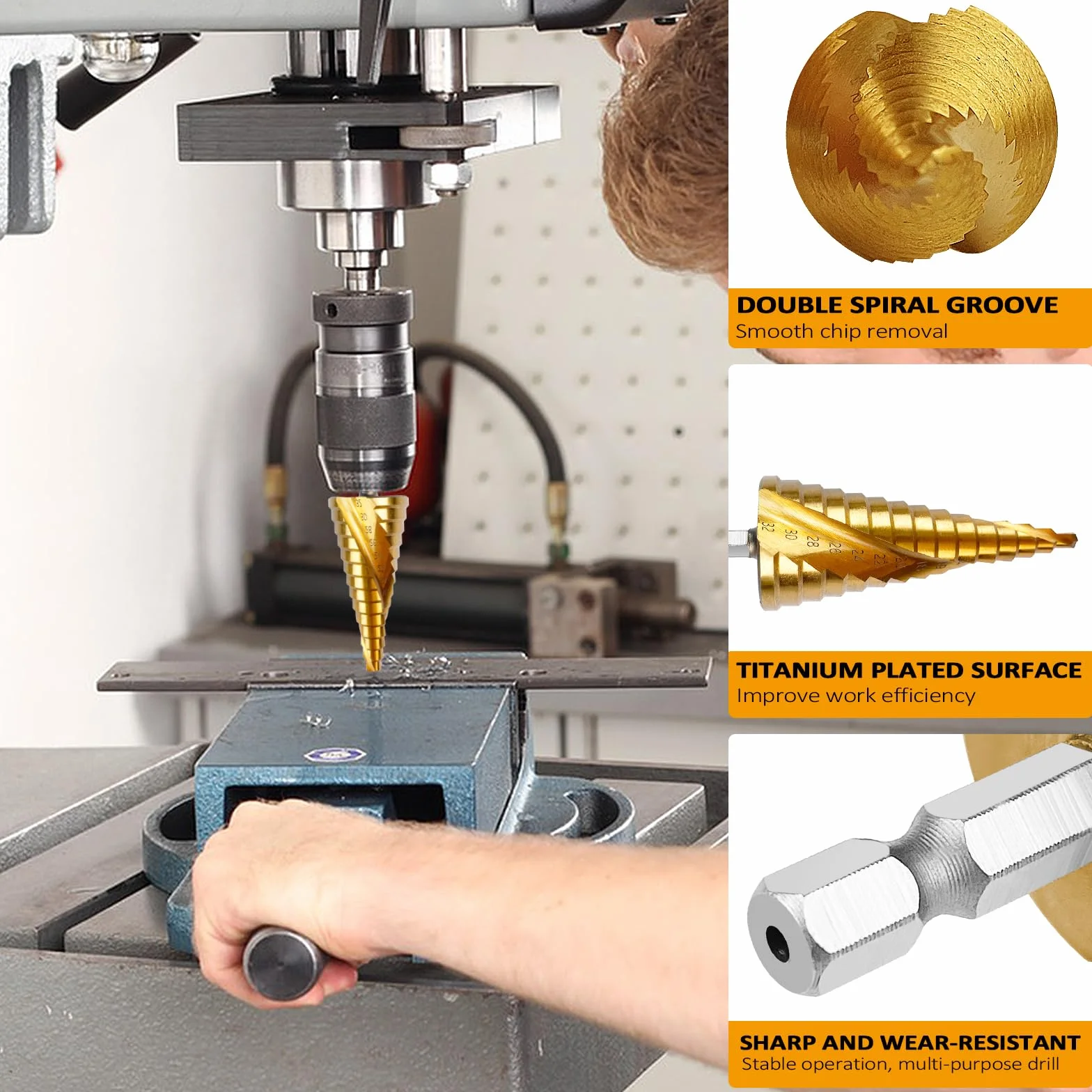 Mesybveo 3 Pezzi Fresa Conica, 4-12 mm/4-20mm/4-32mm HSS Trapano in Titanio, Punte a Gradino con Gambo Esagonale, Punte Coniche a Doppia Scanalatura, Per legname, Plastica, Alluminio