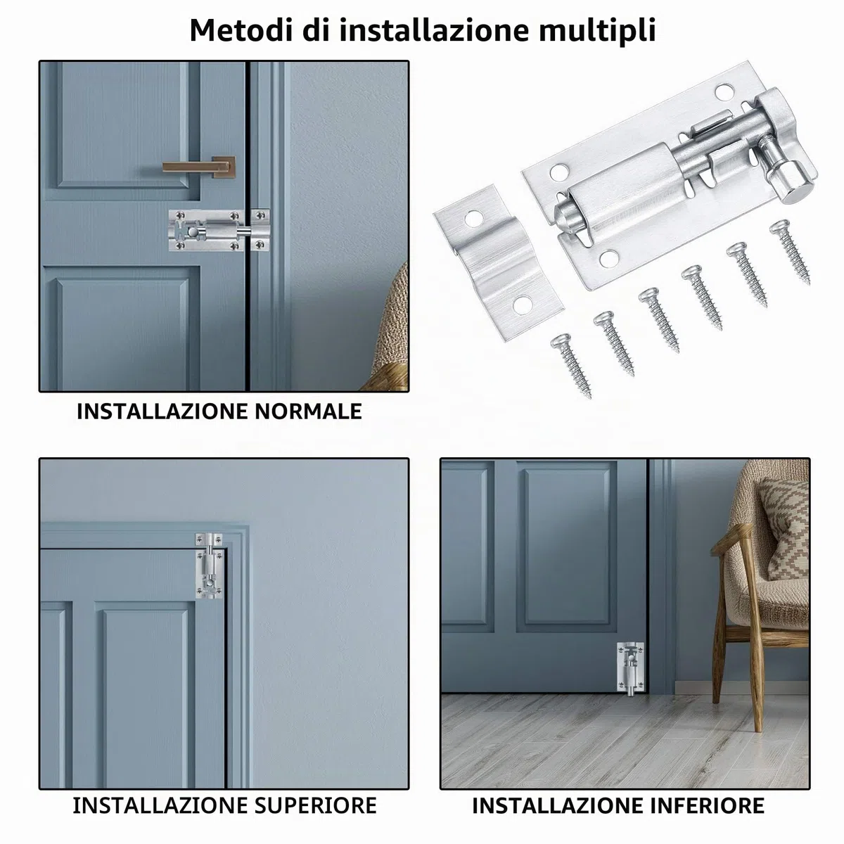 Bullone Serratura Porta, Bulloni di Porta, Slide Bolt con Viti, Chiavistello per Porta in Legno per Porte di Sicurezza, Camera da Letto, Capanno, Porte Del Bagno, Toilette - 4 Pezzi