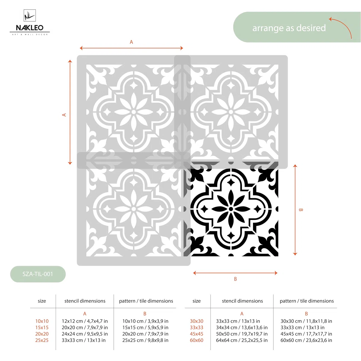 NAKLEO Stencil per Piastrelle per Pittura 10x10cm, Valetta Spagnolo Floreale Marocchino Moresco, Modello Geometrico Plastica e Riutilizzabile, Fai Da Te Decorazioni Casa, Pavimento Pareti Muro Legno