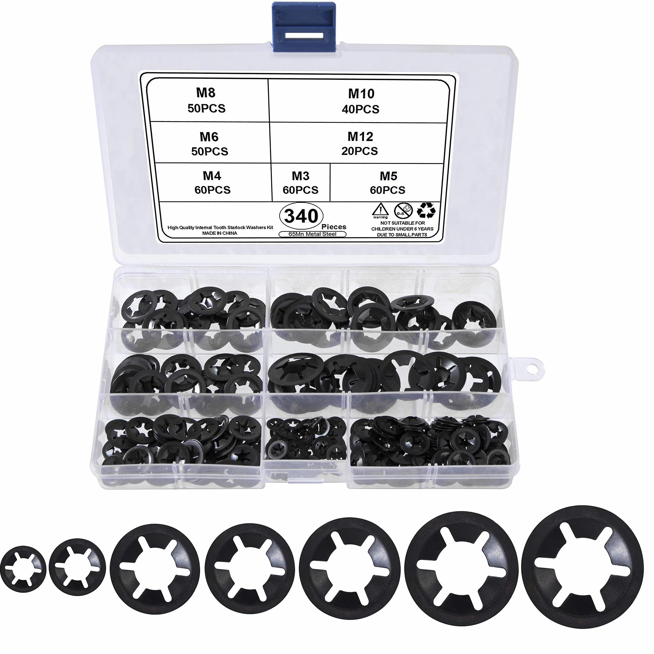 QIMEI-SHOP Rondelle di Fissaggio con Dente Interno Rondella di Bloccaggio M3 M4 M5 M6 M8 M10 M12 Acciaio Manganese Assortimento Kit Nero 340 Pezzi
