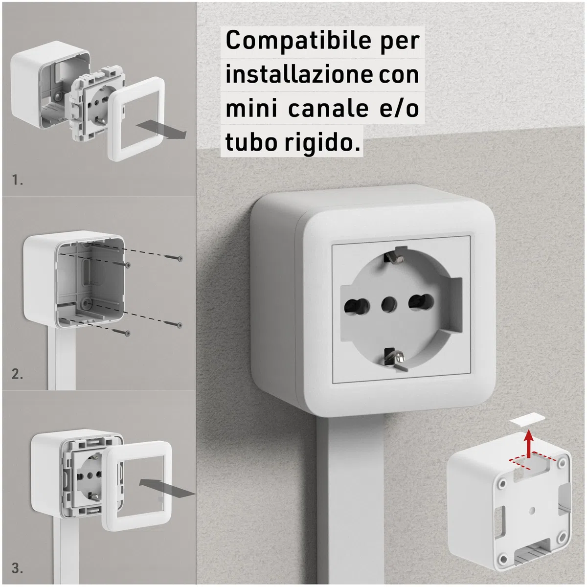 Electraline 60472 Contenitore da superficie FIXA con presa P40 (Schuko+10/16A), Bianco, IP40, compatibile per installazione con tubo rigido e canalina