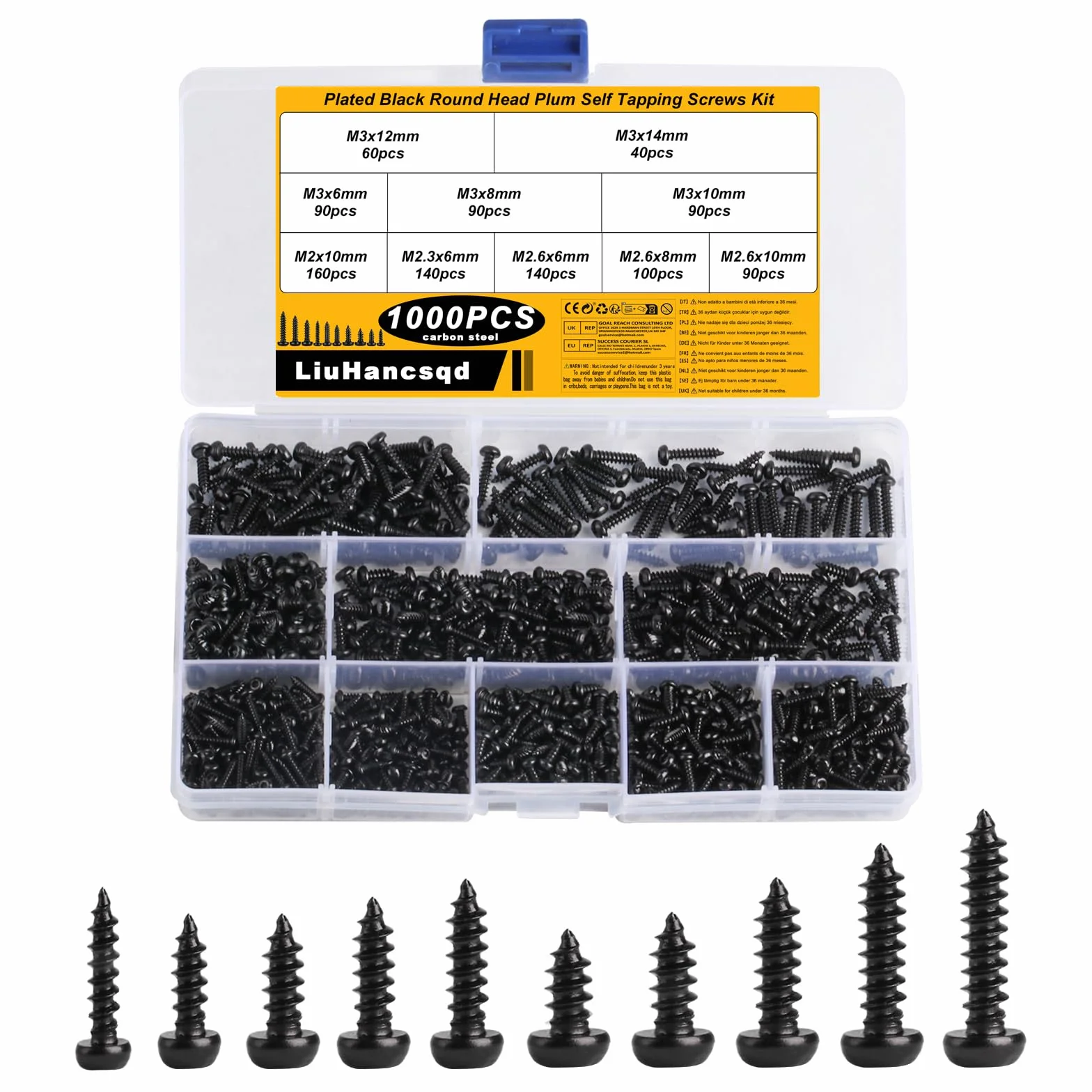 1000 Pz M2 M2.3 M2.6 M3 Viti Autofilettanti per Legno, Viti a Testa Pan Nere, Viti per Legno, Kit Assortimento Viti Torx a Testa Tonda Piccola per Lamiera di Legno in Plastica