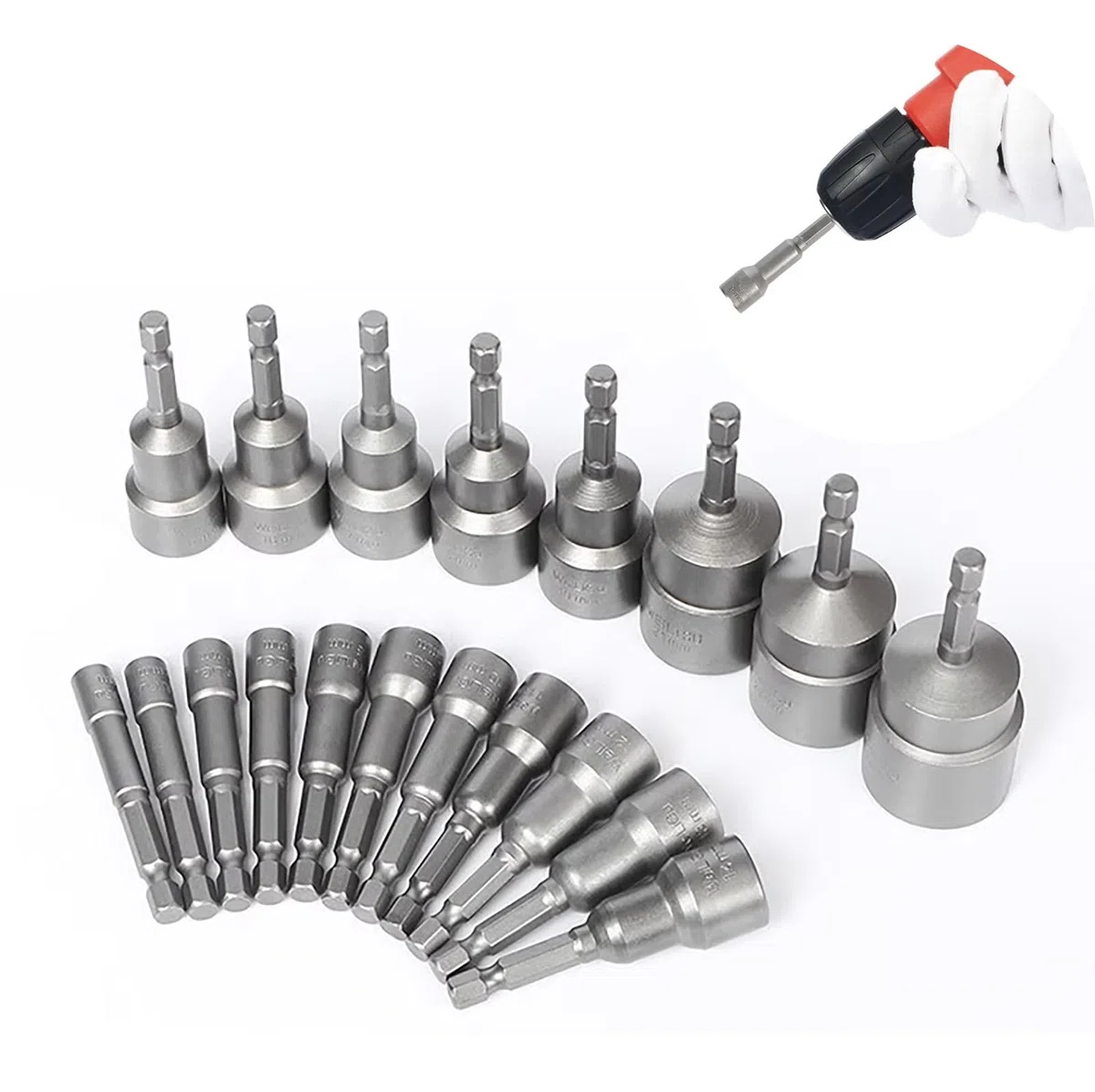 Set di chiavi a bussola magnetiche con codolo esagonale da 10mm, per trapani, avvitatori e adattatori., grigio