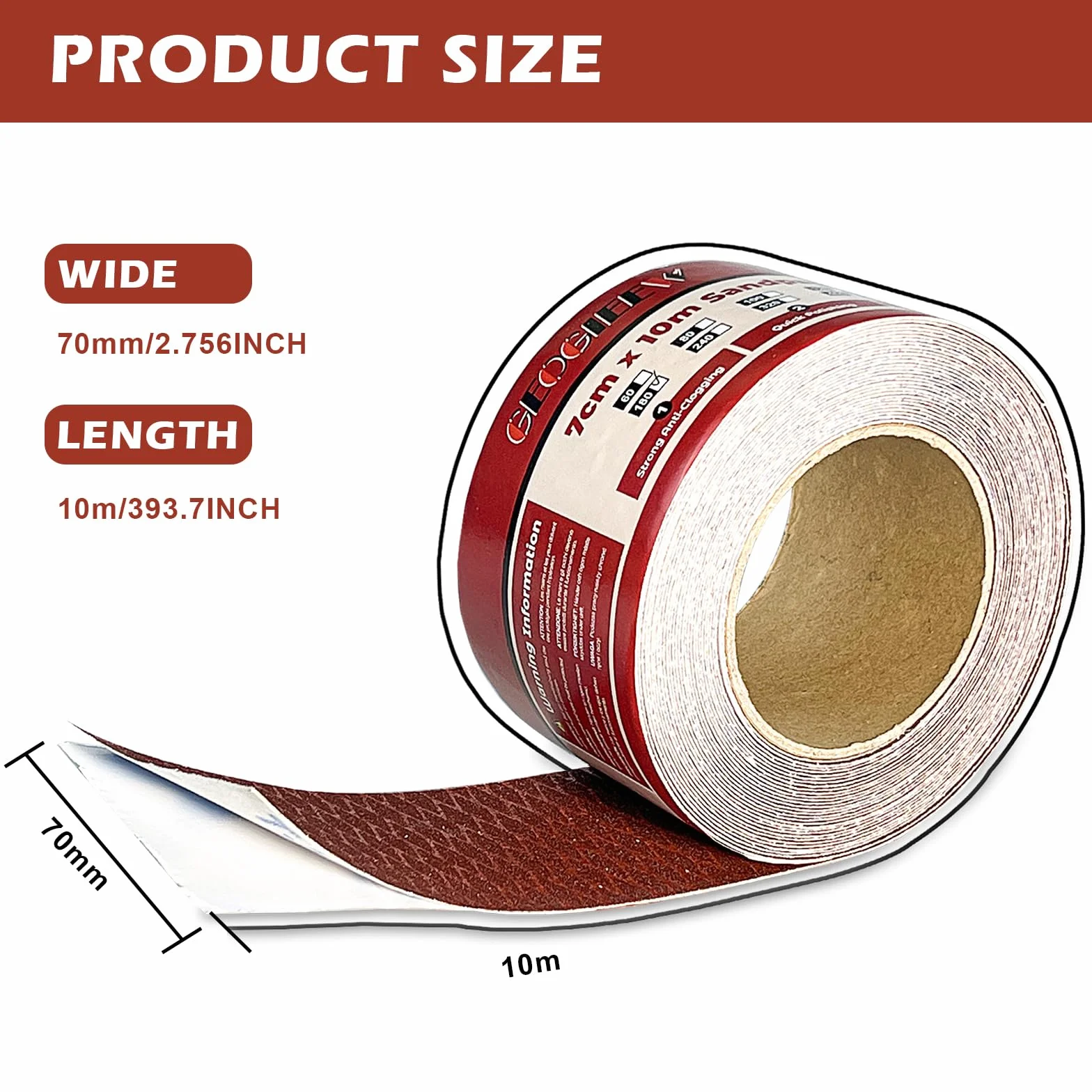 Rotolo di Carta Vetrata Adesiva - Grana 180, Design Diamante Antintasamento, Adesivo Forte - per Legno, Metallo, Plastica - Ideale per Falegnami, Meccanici, Hobby DIY (70 mm x 10 m)