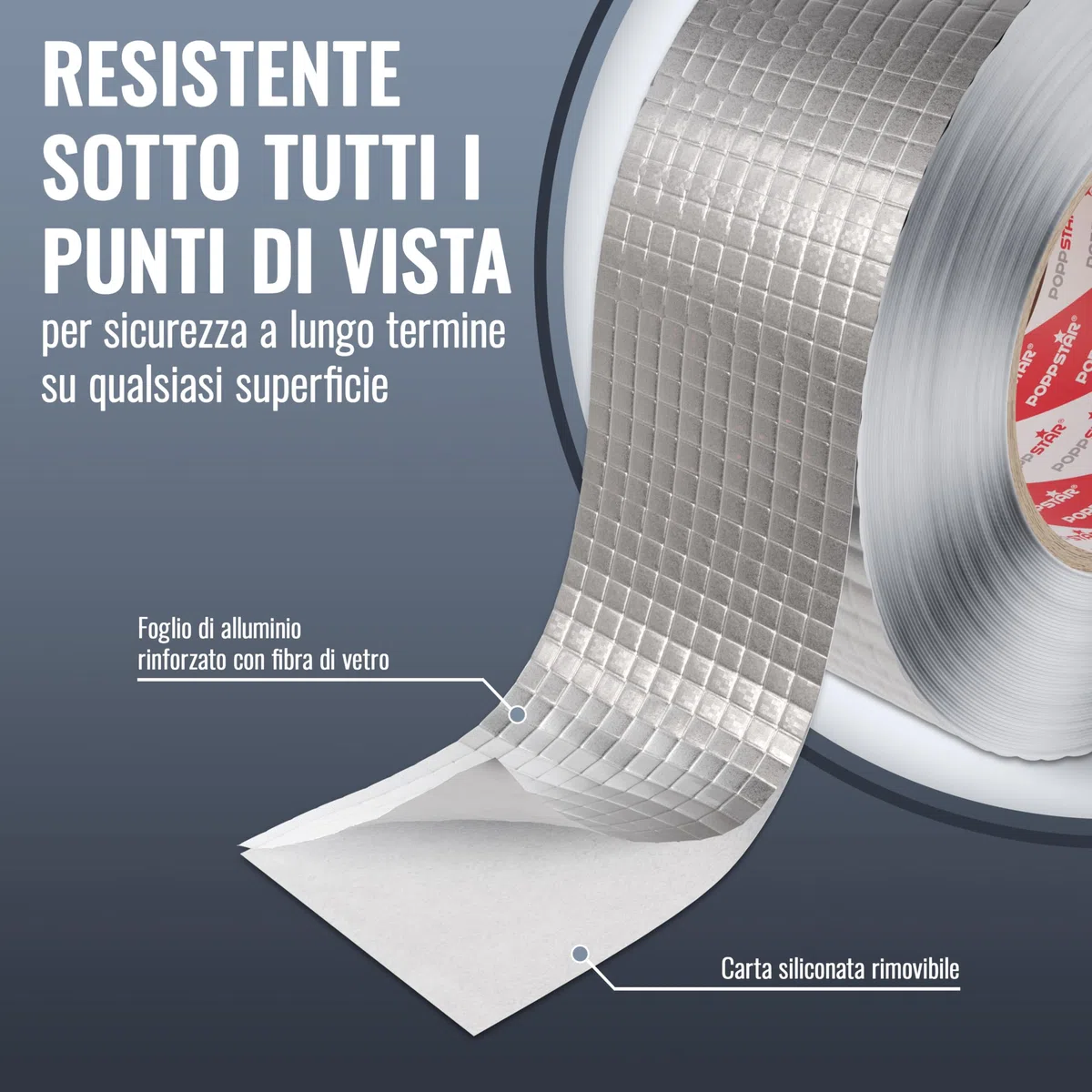 POPPSTAR Nastro adesivo alluminio in fibra di vetro per isolamento tubi e coibentazione (50m x 48mm) Protezione da calore e condensa Nastro autoadesivo alluminio resistente al calore 48mm