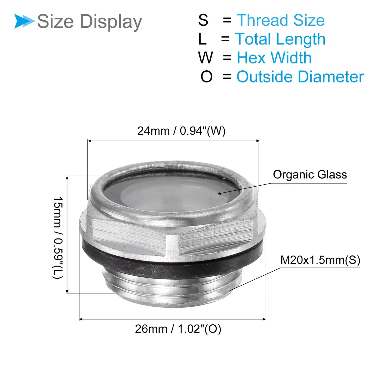 Vetro Livello Olio Compressore Aria, | Maschio M20x1.5mm | Finestra Vetro Indicatore Testa Esagonale Alluminio - (Applicazioni: Accessori Cambio), 1Pz