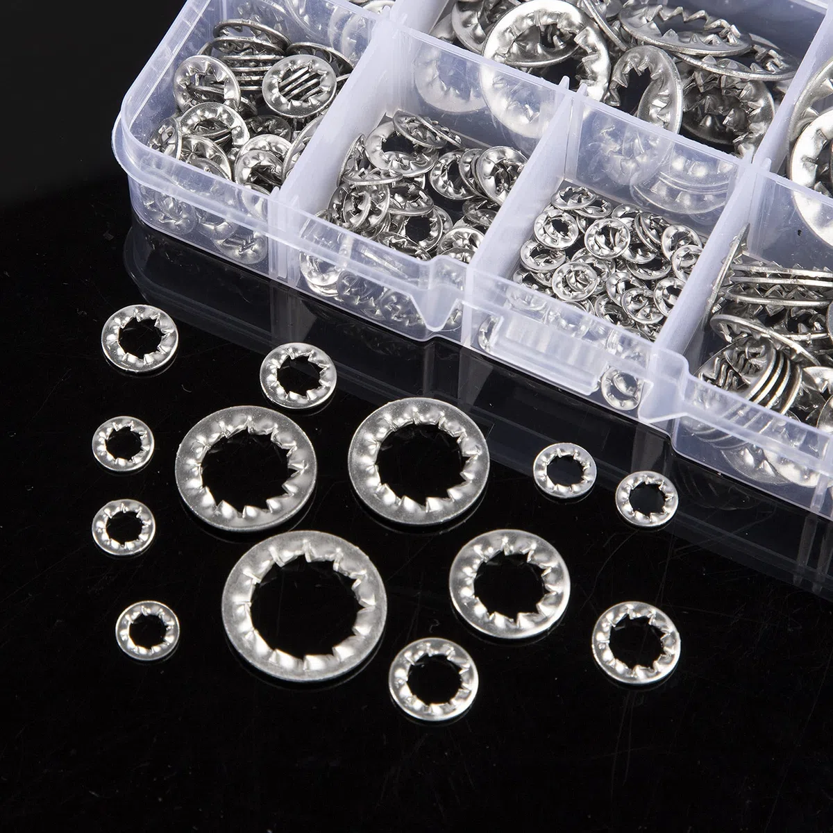 Rondelle di bloccaggio in acciaio inox Rondella di bloccaggio M3 M4 M5 M6 M8 M10 M12 Veloce Spingere Attacchi Abbinamento Kit con Scatola 270 Pezzi