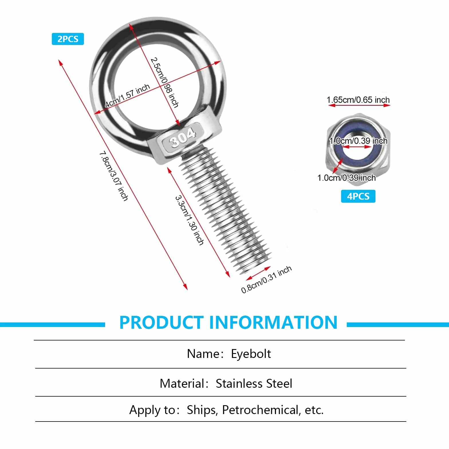 Occhiello, per Sollevamento Golfari Bullone occhiello Bullone a Occhiello in Acciaio Inox Metrico M10*35, 2 Pz Bulloni a Occhiello Inox, Bullone a Occhiello Rotondo ad Anello, per Il Ruolo di Fissare