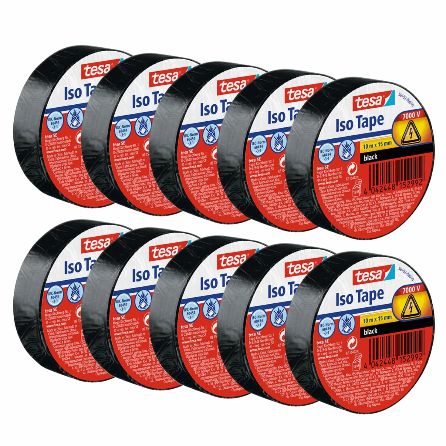 Tesa Nastro Isolante in Confezione da 10 - Nastro isolante autoadesivo, resistente al calore - Per isolare, riparare e legare - 10 m - Nero