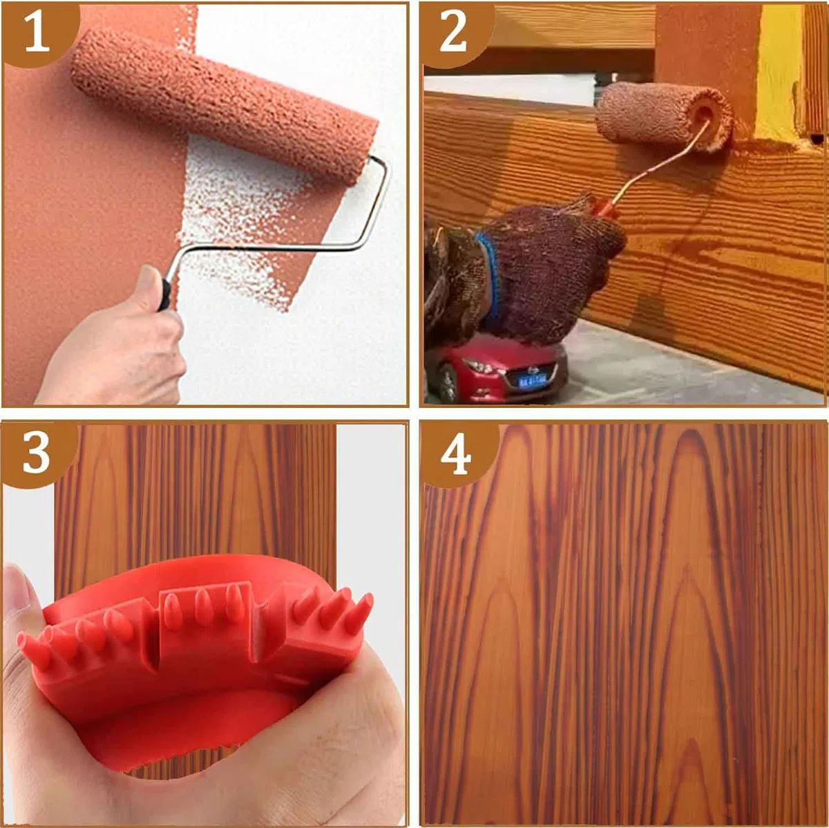 Attrezzo per venature del legno, attrezzo per pittura in gomma per decorazioni murali,rosso, (4 pezzi)