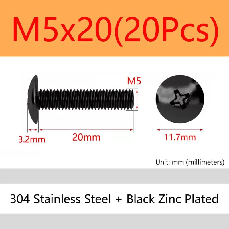 Croce Bulloni a testa tonda Acciaio inossidabile 304 Nero Zinco Fungo Bulloni testa tonda piatta Pan Viti Machine Elementi di fissaggio M5 x 20mm 20 Pcs