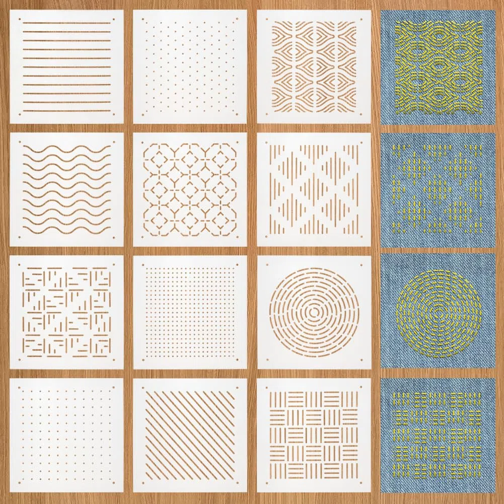 BENECREAT 12 pz Stencil Sashiko In Plastica, Strumento per Ricamo Da 13x13cm, Modello di Linea di Disegno per Trapuntatura A Mano e Ricamo, 0.3mm di Spessore