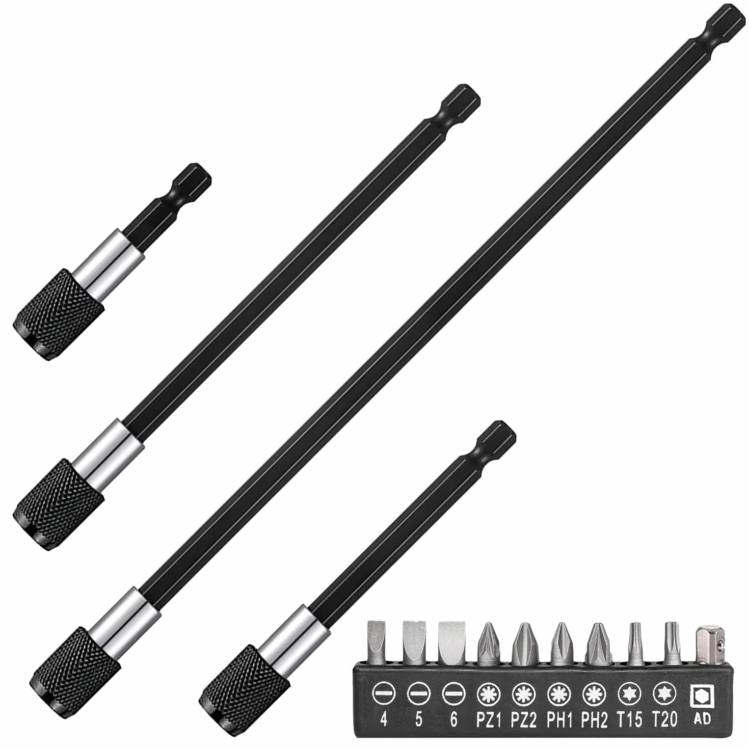 14 estensori per trapano, in acciaio legato, 60/100/150/300 mm, supporto per punte per cacciavite 1/4, trapano magnetico con attacco esagonale, prolunga per punta per cacciavite a batteria (nero)