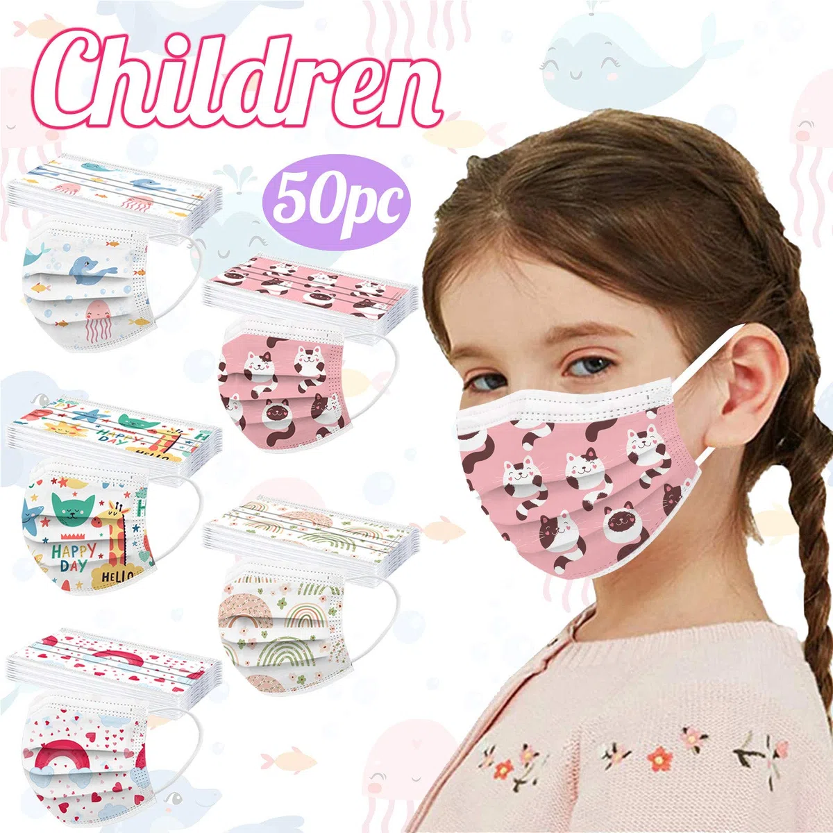 50 Pezzi Bambini Tessuto Viso Stampa Antipolvere Visiera Bocca Faccia USA e Getta 3 Strati Adatto Comfort Traspirante