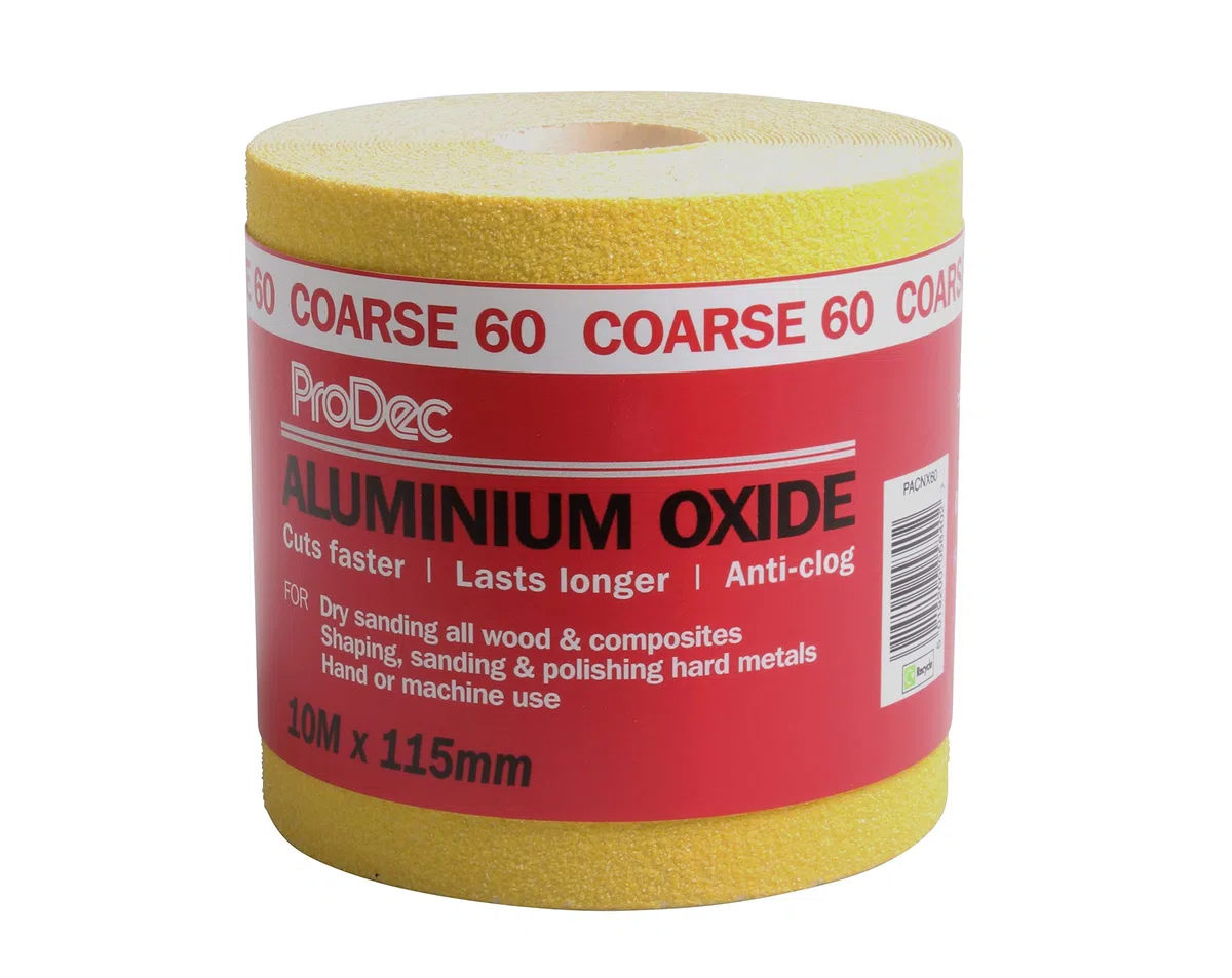 ProDec 10m Rotolo 60 Grana grossa Giallo Ossido di Alluminio Carta abrasiva per la levigatura di legno, vernice, gesso, stucco, metallo e altro, larghezza 115mm Carta abrasiva